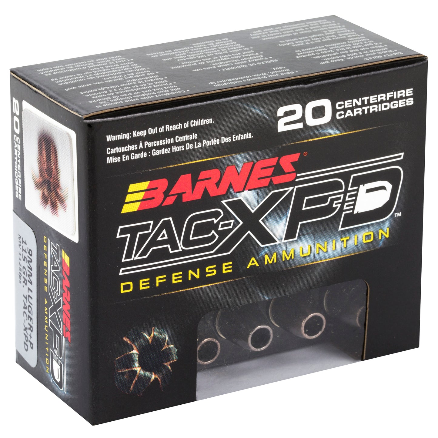 Barnes, TAC-XPD, 9MM+P, 115 Grain, TAC-XP, Hollow Point, Lead Free, 20 Round Box
