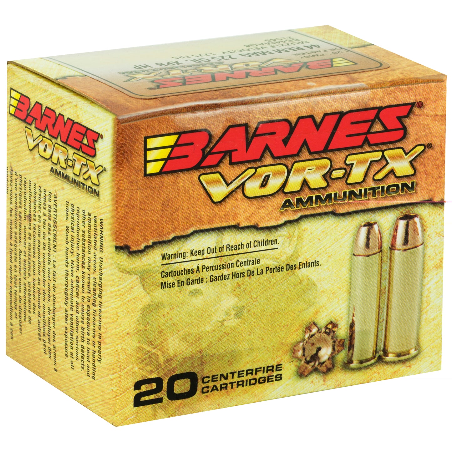 Barnes, VOR-TX, .44 Magnum, 225 Grain, XPB, Jacketed Hollow Point, Lead Free, 20 Round Box