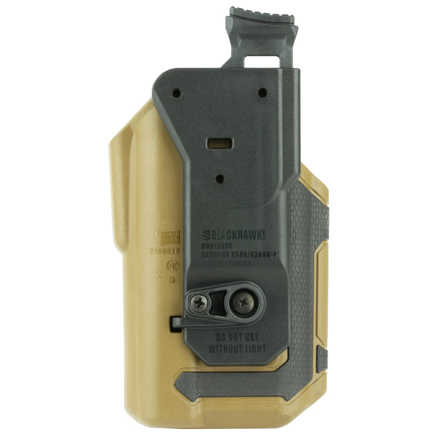 BLACKHAWK, Omnivore Surefire X300A Multi-Fit Holster, Surefire X300A, Belt Holster, Left Hand, Black/Tan, Fits More Than 150 Styles of Semi-Automatic Handguns with Accessory Rail, Hard, Thumb Activated Retention Mechanism