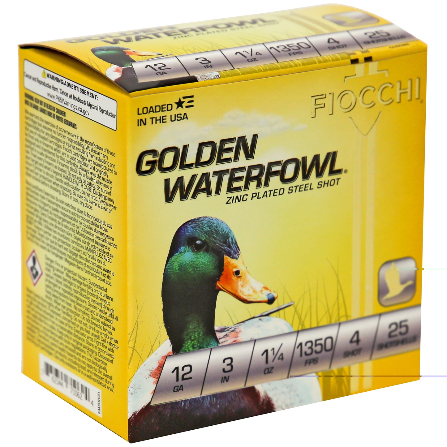 Fiocchi, Golden Waterfowl, 12 Gauge, 3", #4, Steel Shot, 25 Round Box