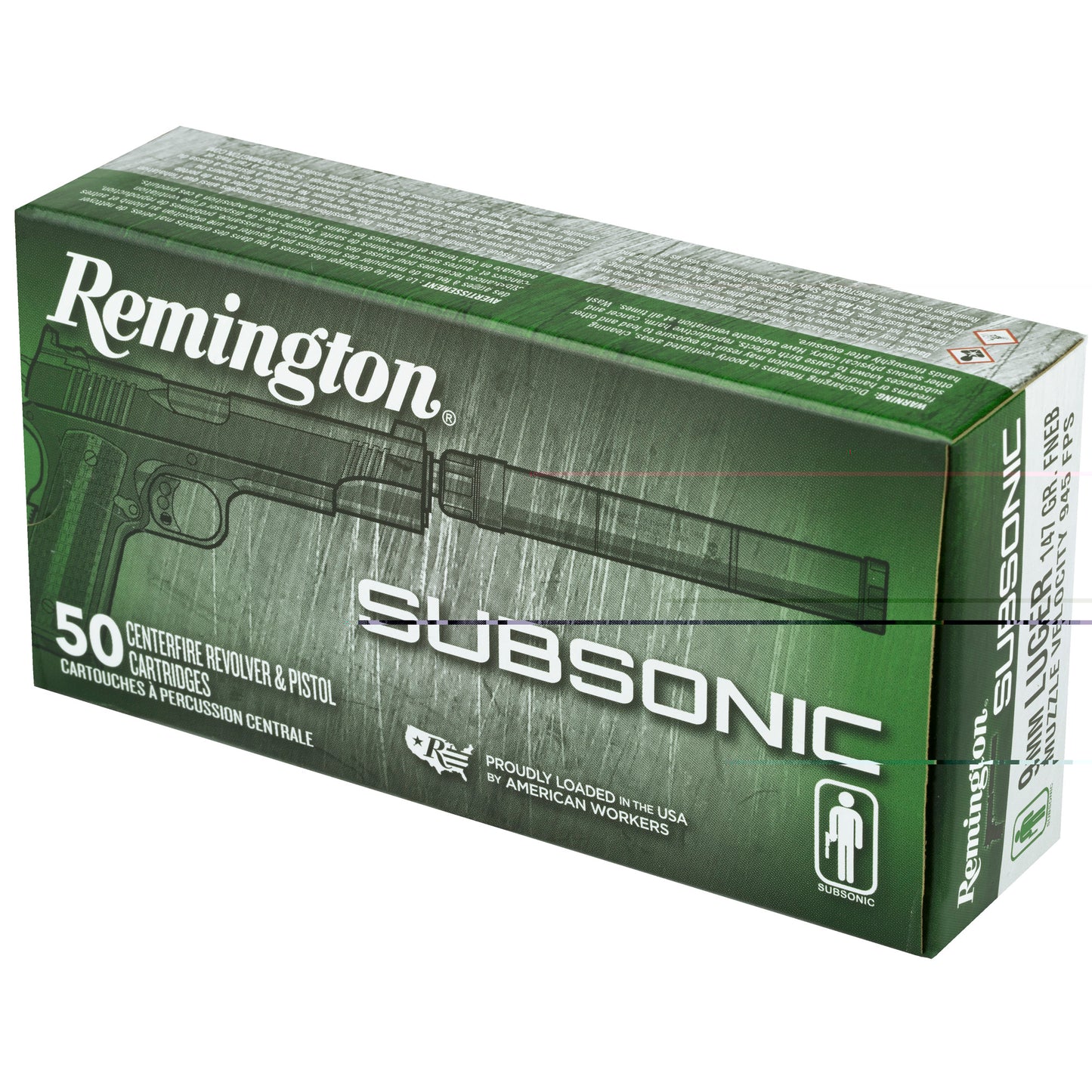 Remington, Subsonic, 9MM, 147 Grain, Flat Nose Enclosed Bullet, 50 Round Box