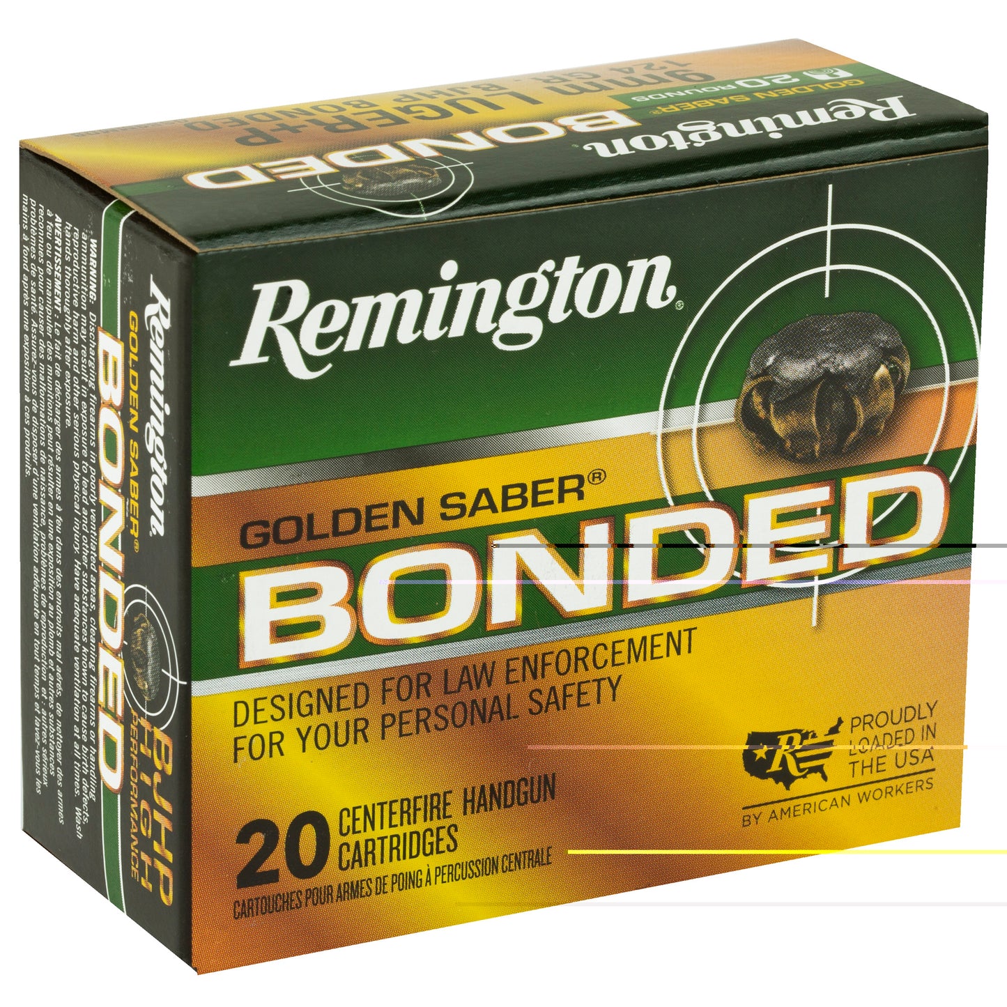 Remington, Golden Saber, 9MM, 124 Grain, Brass Jacketed Hollow Point Bonded, 20 Round Box