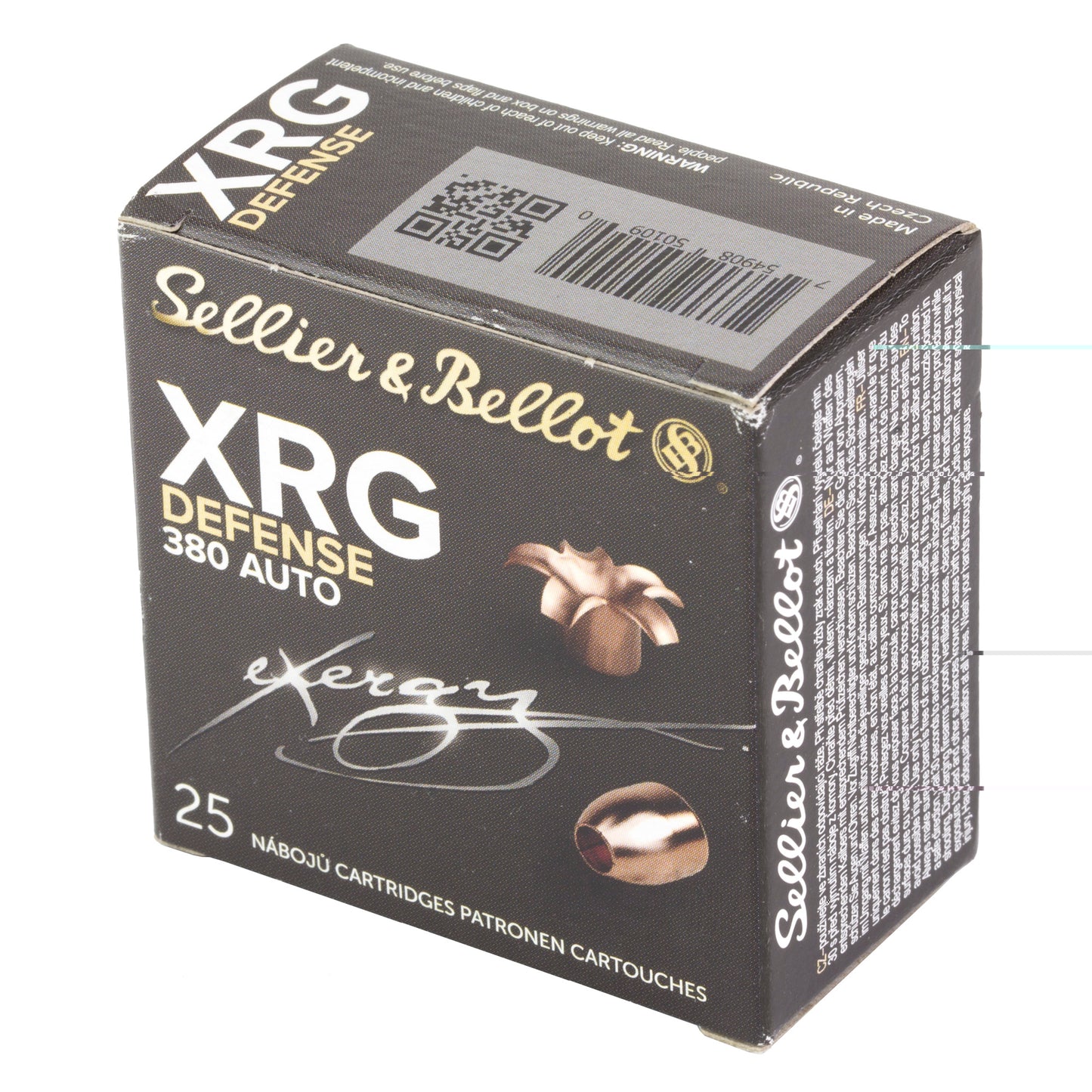 Sellier & Bellot, XRG, 380 ACP/9mm Browning Court, 77 Grain, Jacketed Hollow Point, 25 Round Box