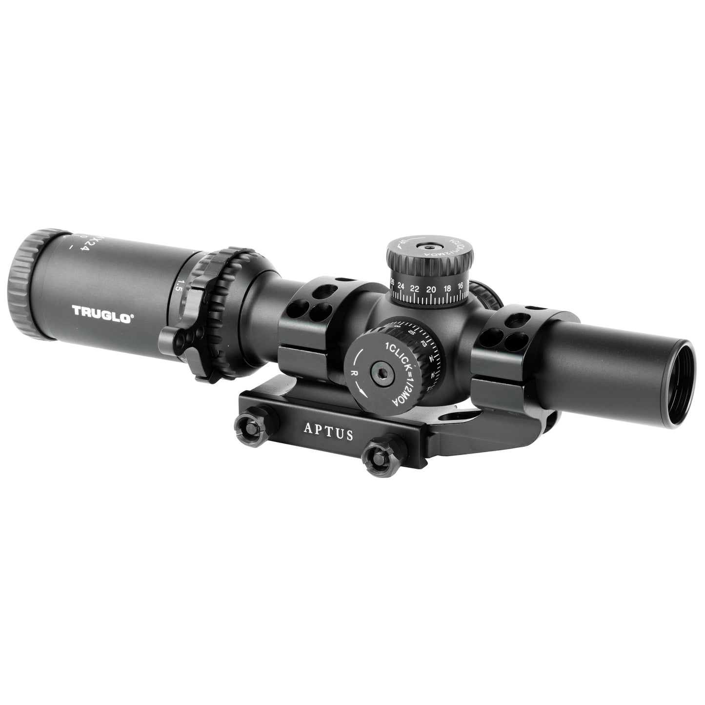 Truglo, OMNIA Rifle Scope, 1-4X24mm, 300mm Main Tube, Illuminate A.P.T.R. (All Purpose Tacticle Reticle), APTUS-M1 One Piece Mount, Throw Lever, Black