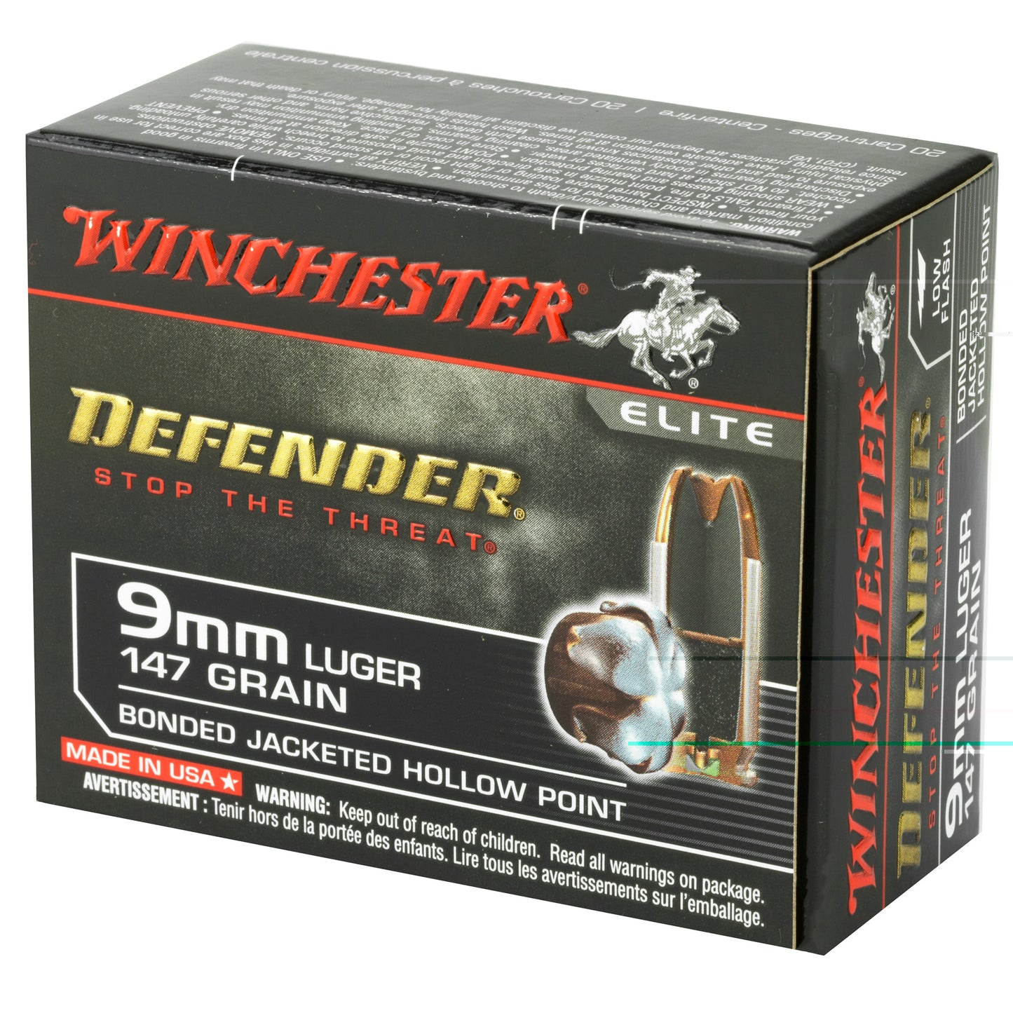 Winchester, Defender, 9MM, 147 Grain, PDX1, Bonded Jacketed Hollow Point, 20 Round Box