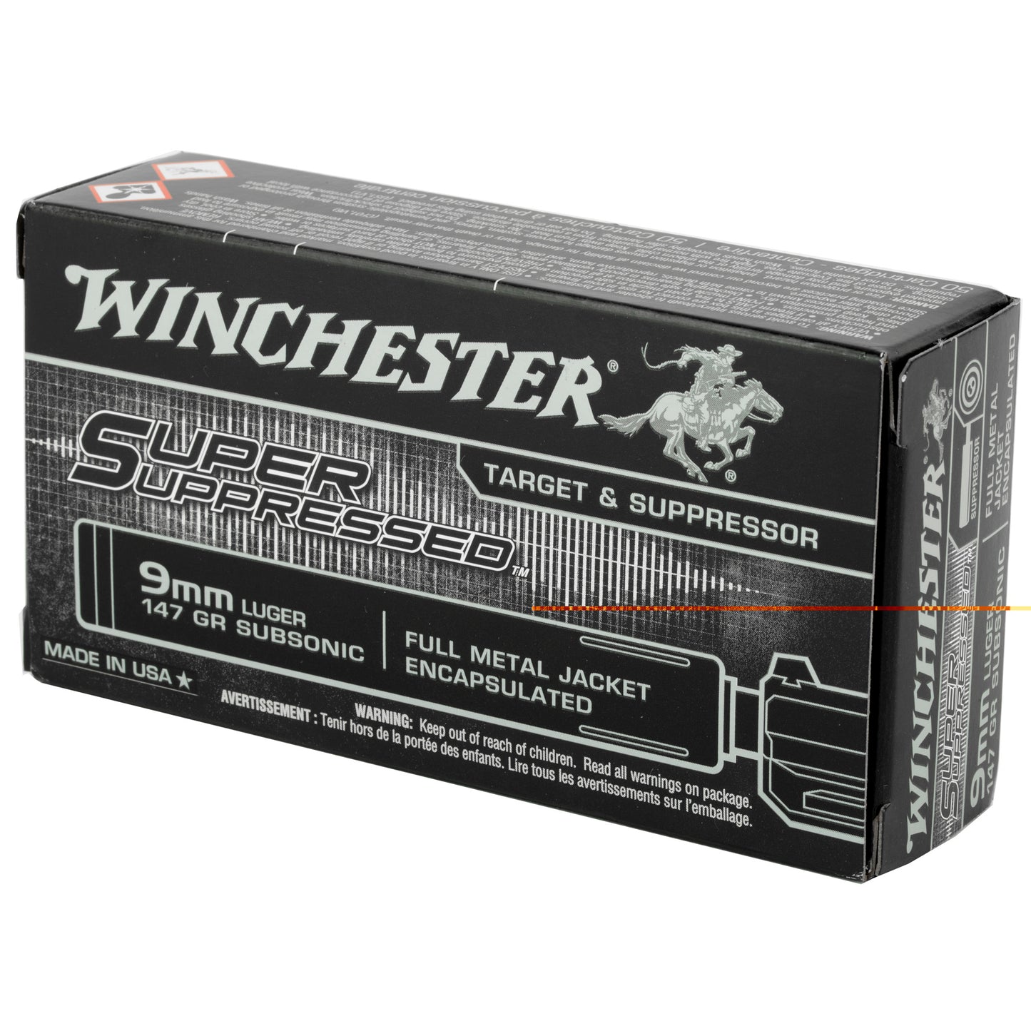 Winchester, Super Suppressed, 9MM, 147 Grain, Full Metal Jacket Encapsulated, 50 Round Box