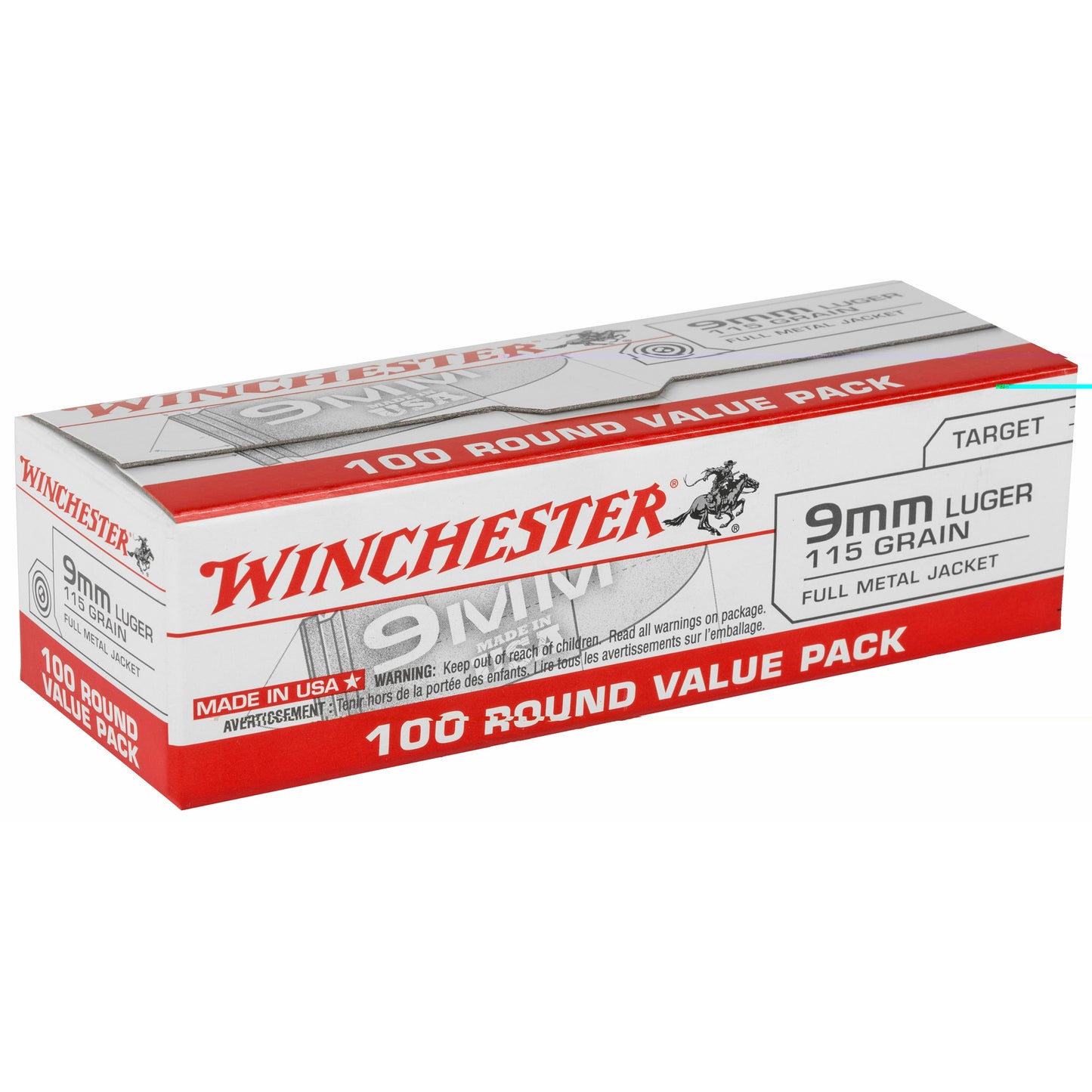 Winchester, USA, 9MM, 115 Grain, Full Metal Jacket, 100 Round Box