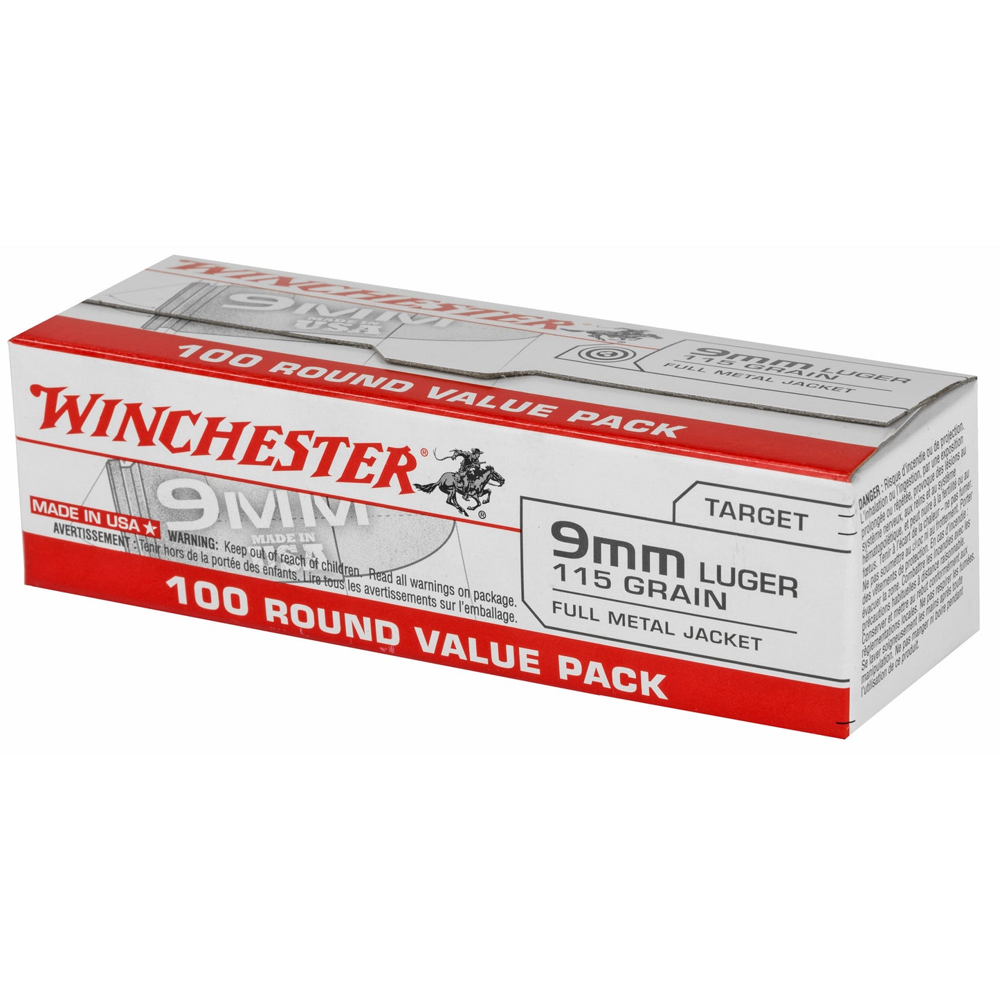 Winchester, USA, 9MM, 115 Grain, Full Metal Jacket, 100 Round Box
