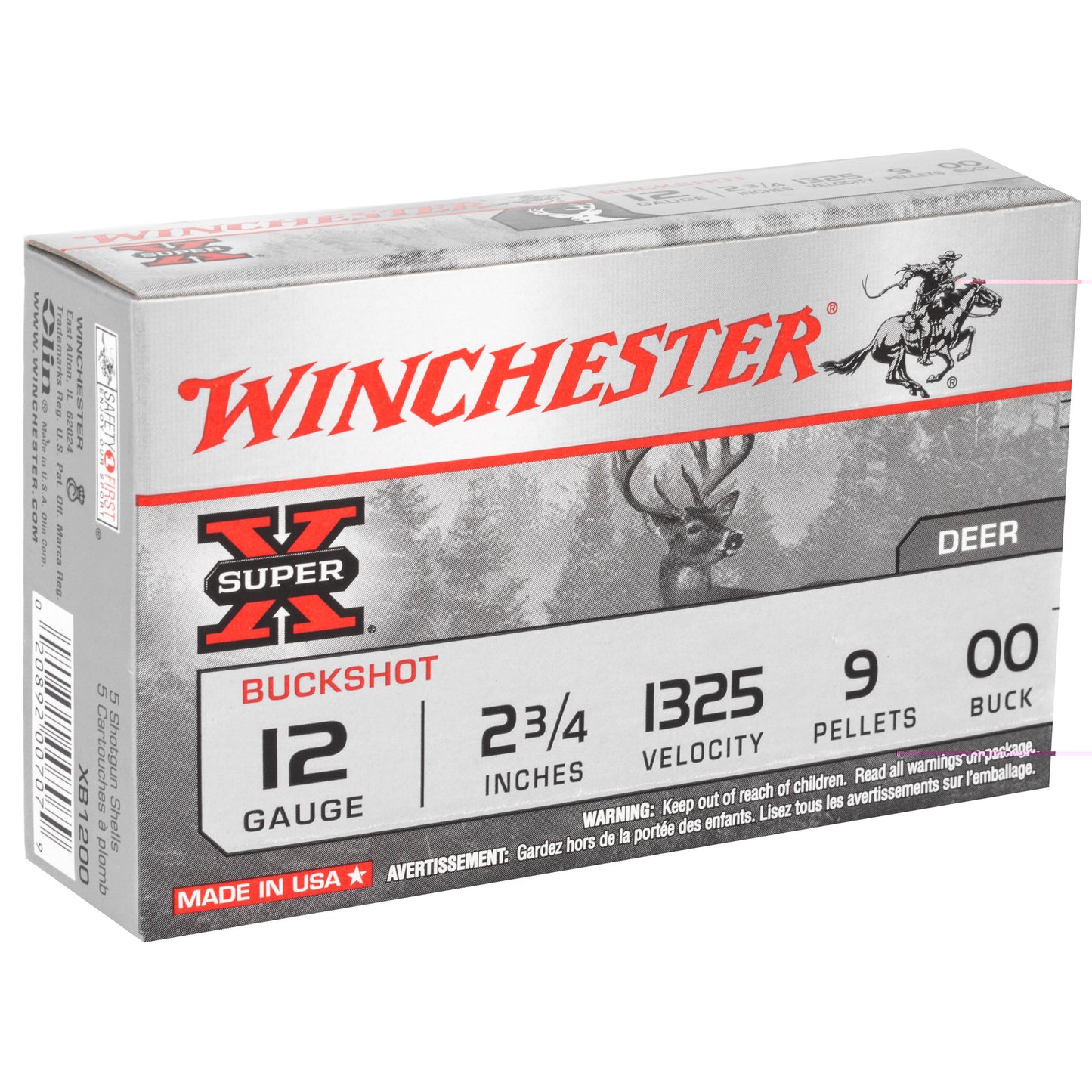 Winchester Ammunition, Super-X, 12 Gauge, 2.75", 00 Buck, Buckshot, 9 Pellets,5 Round Box