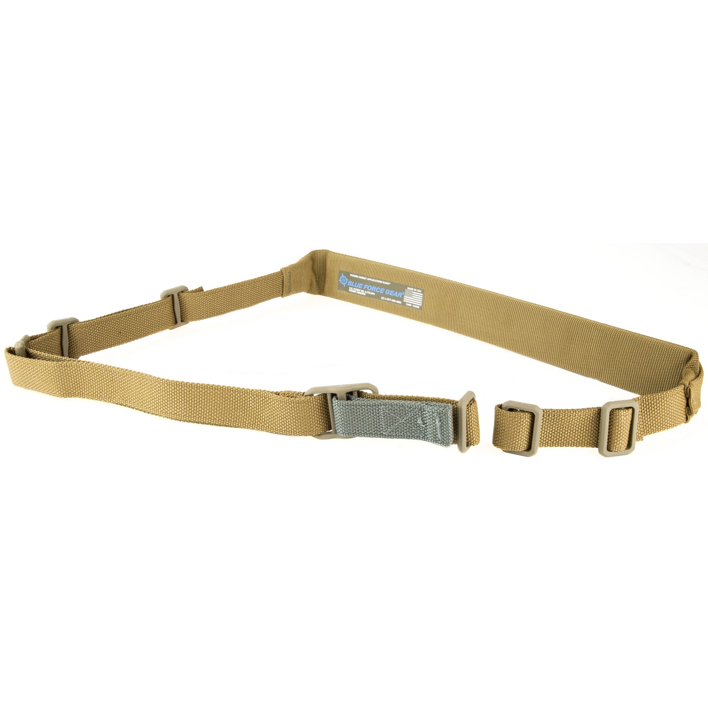 Blue Force Gear, Vickers Sling, Padded, 2-Point Combat Sling, Coyote Brown, Molded Acetal Adjuster, No Quick Release, Attached with TriGlide instead of Loop Lock
