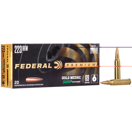 Federal, Gold Medal Match, 223 Remington, 69 Grain, Boat Tail Hollow Point, 20 Round Box