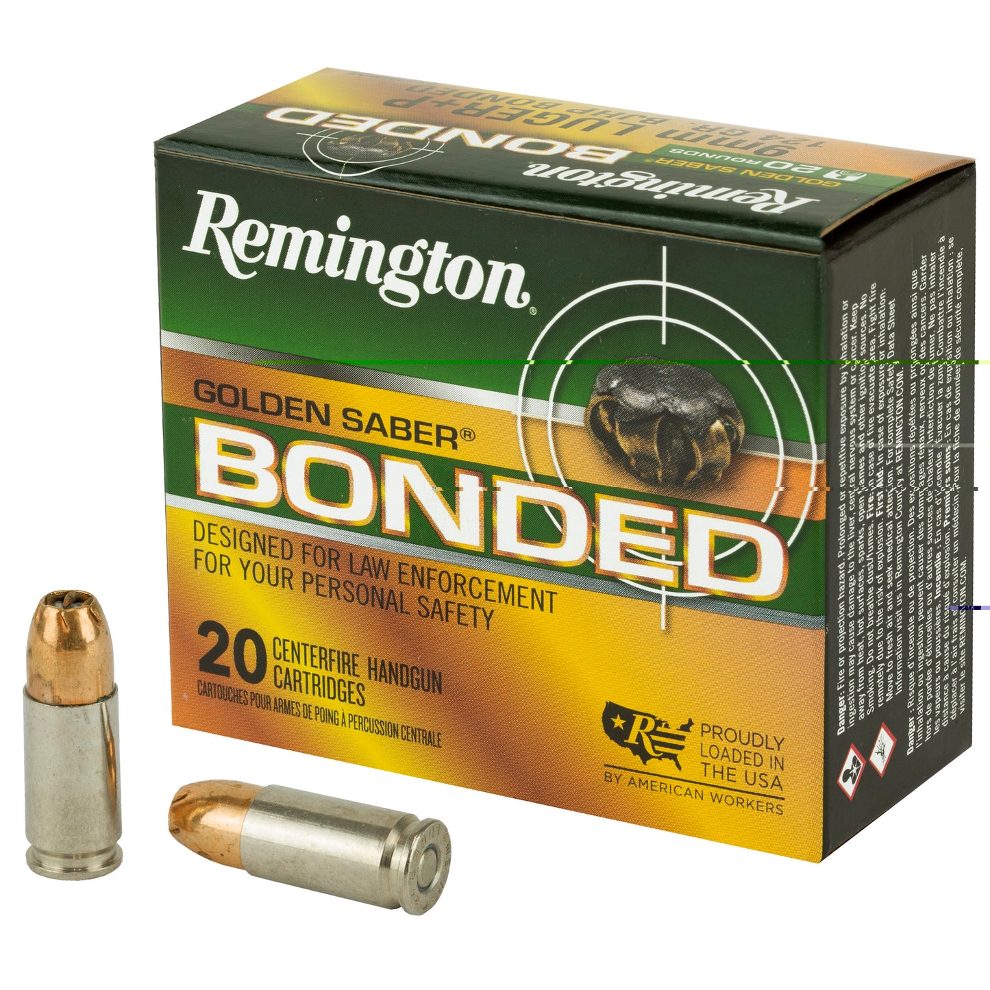Remington, Golden Saber, 9MM, 124 Grain, Brass Jacketed Hollow Point Bonded, 20 Round Box