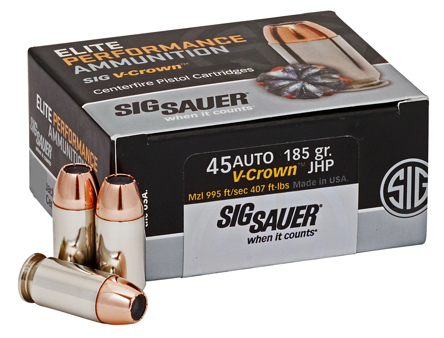 Sig Sauer E45AP050 Elite Defense 45 ACP 185 gr V Crown Jacketed Hollow Point 50 Round Box