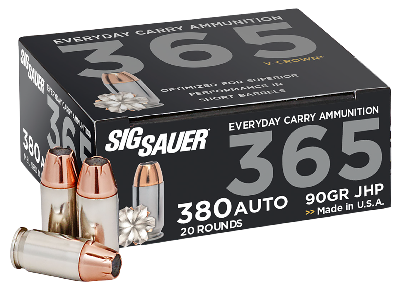Sig Sauer E380A136520 Elite Defense 365 380 ACP 90 gr V Crown Jacketed Hollow Point 20 Round Box