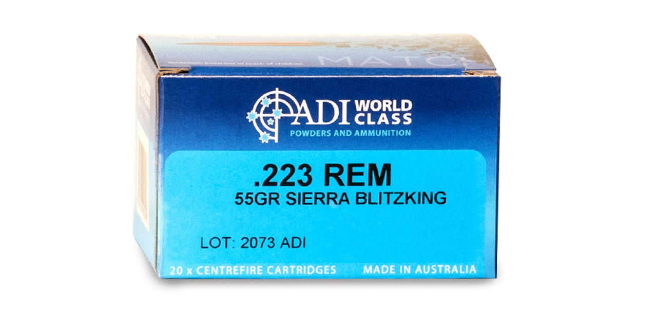 ADI World Class Ammunition, Match, Sierra BlitzKing Boat-Tail, .223 Remington, 55 Grain, Brass Cased, 20 Round Box