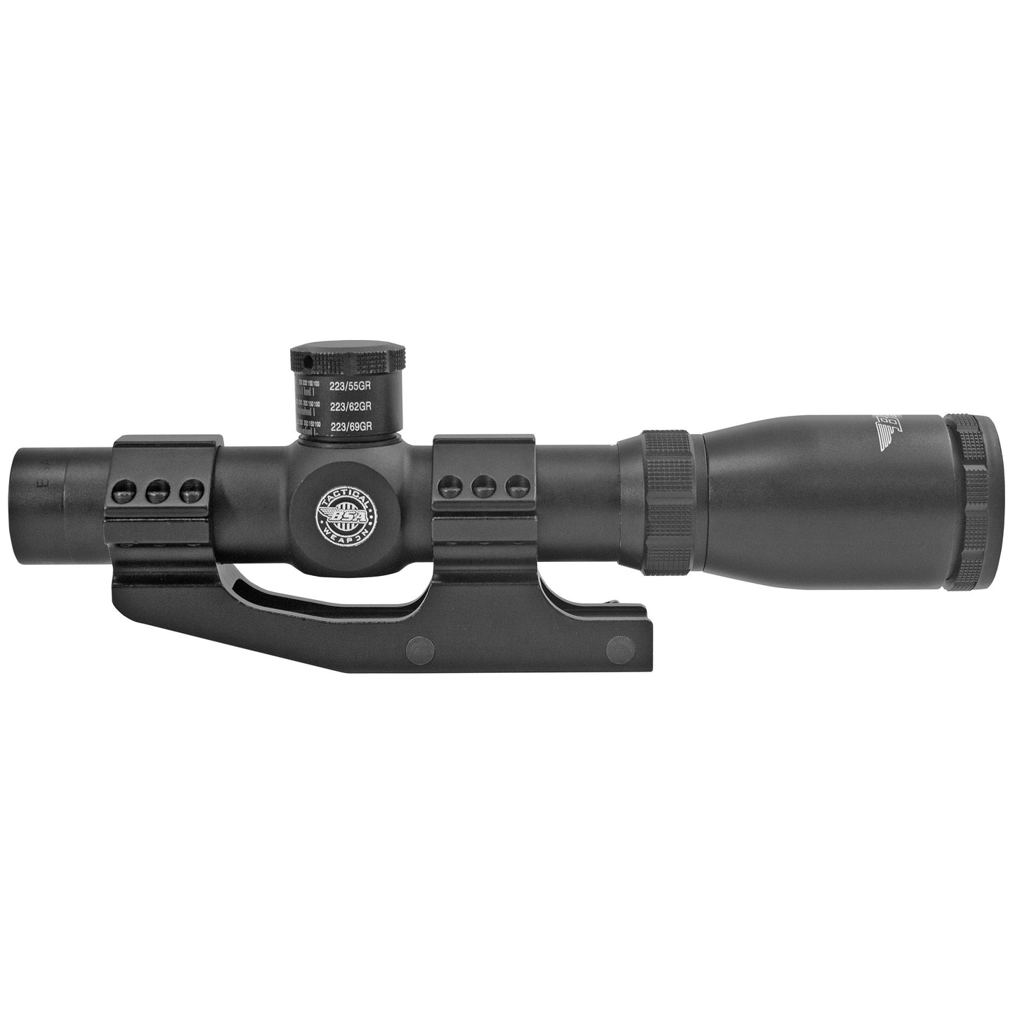 BSA Optics, Tactical Weapon, Rifle Scope, 1-4X24, 30mm Maintube, Mil Dot Reticle, 1/2 MOA Adjustments, Black Color, Mount, .223 and .308 Turrets