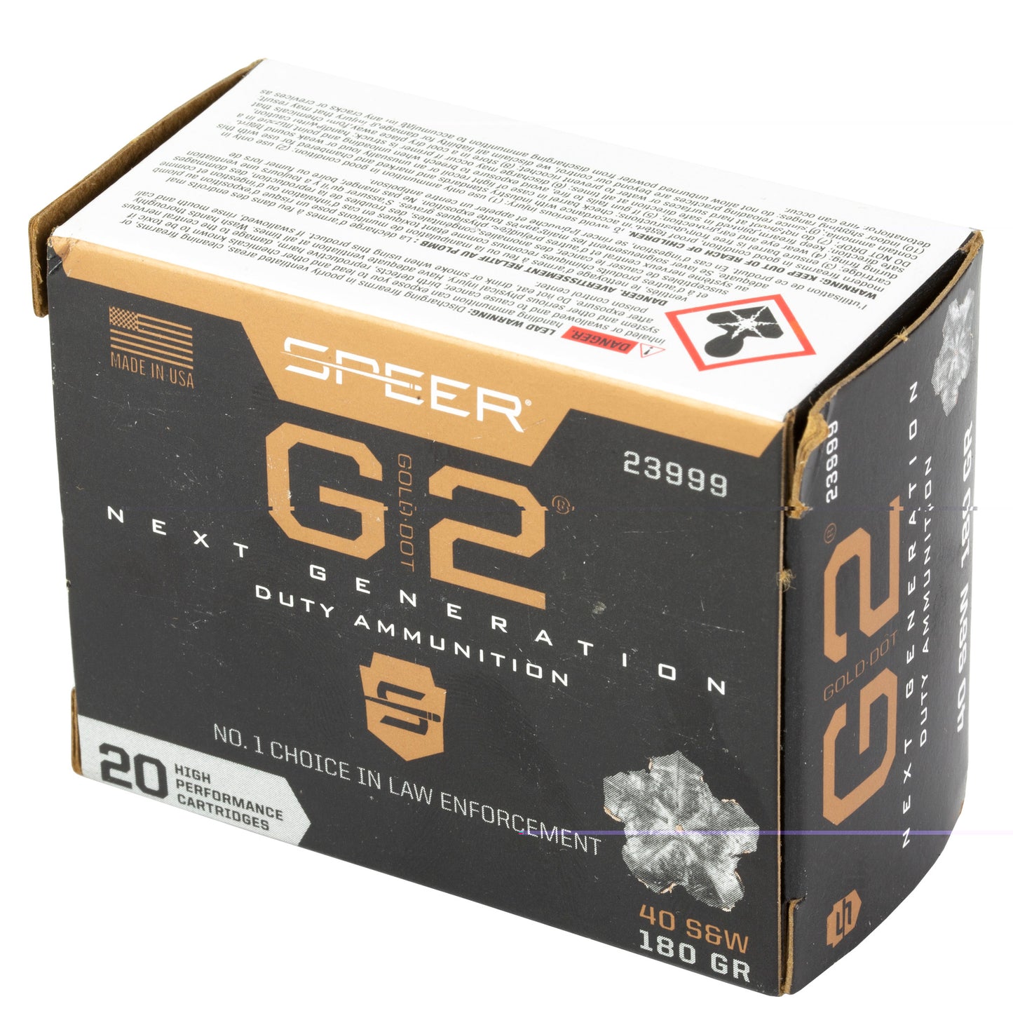 Speer Ammunition, Gold Dot G2, 40S&W, 180 Grain, Gold Dot Hollow Point, 20 Round Box