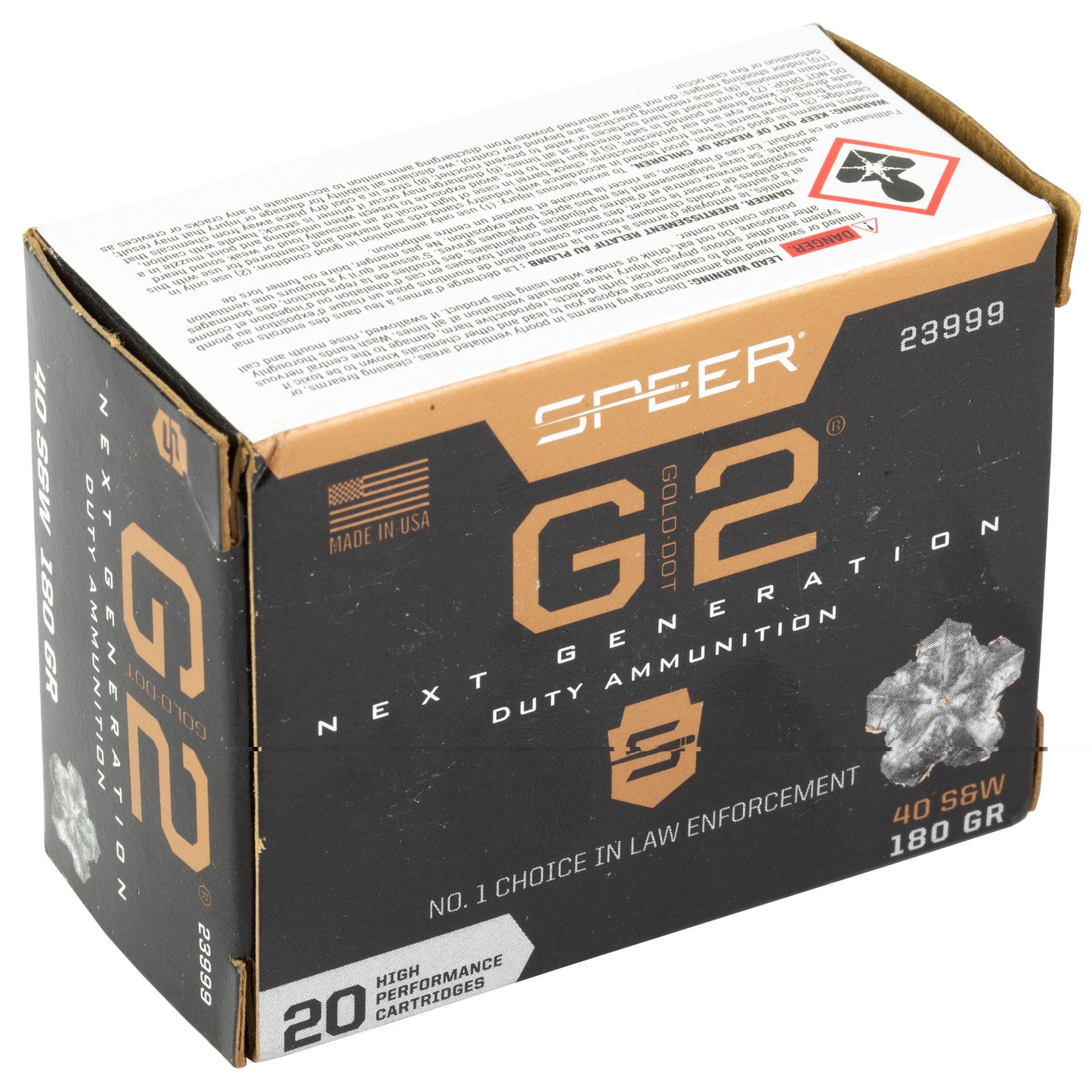 Speer Ammunition, Gold Dot G2, 40S&W, 180 Grain, Gold Dot Hollow Point, 20 Round Box