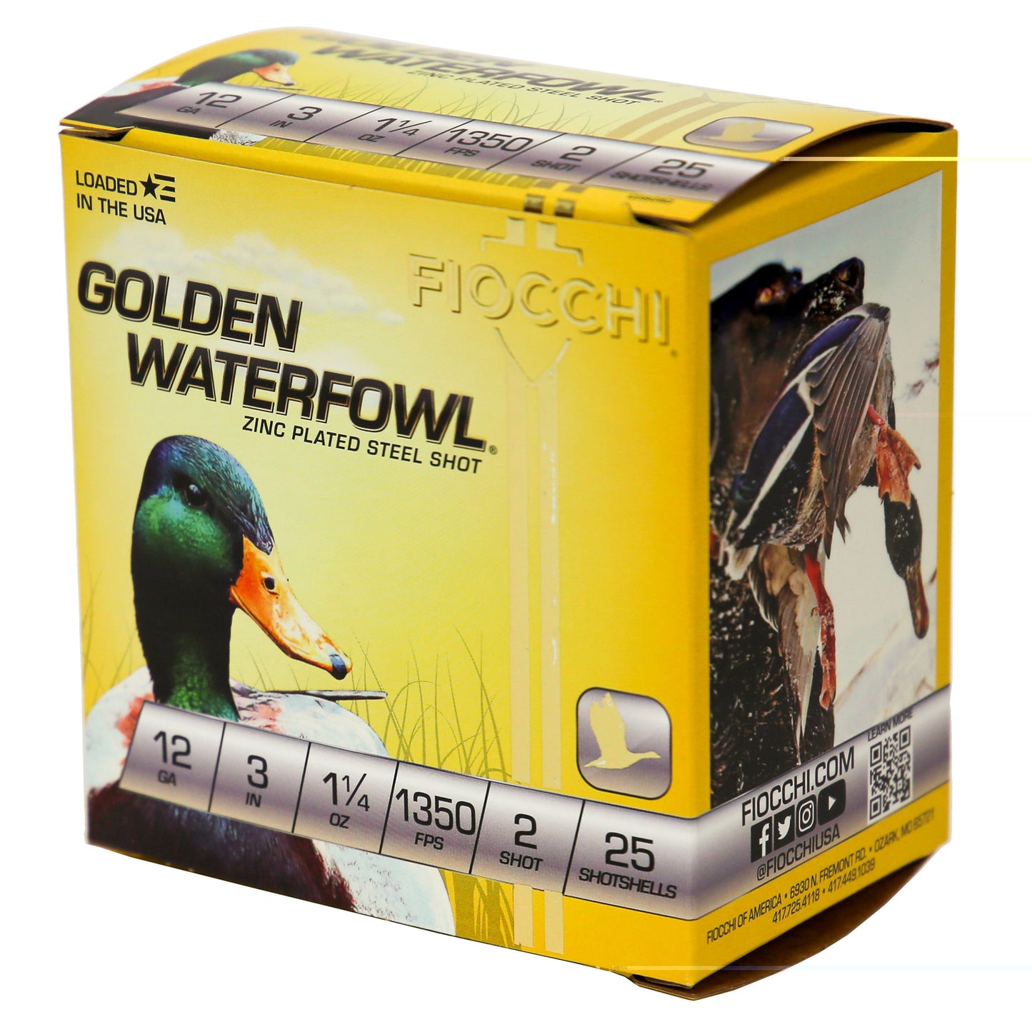 Fiocchi, Golden Waterfowl, 12 Gauge, 3", #2, Steel Shot, 25 Round Box