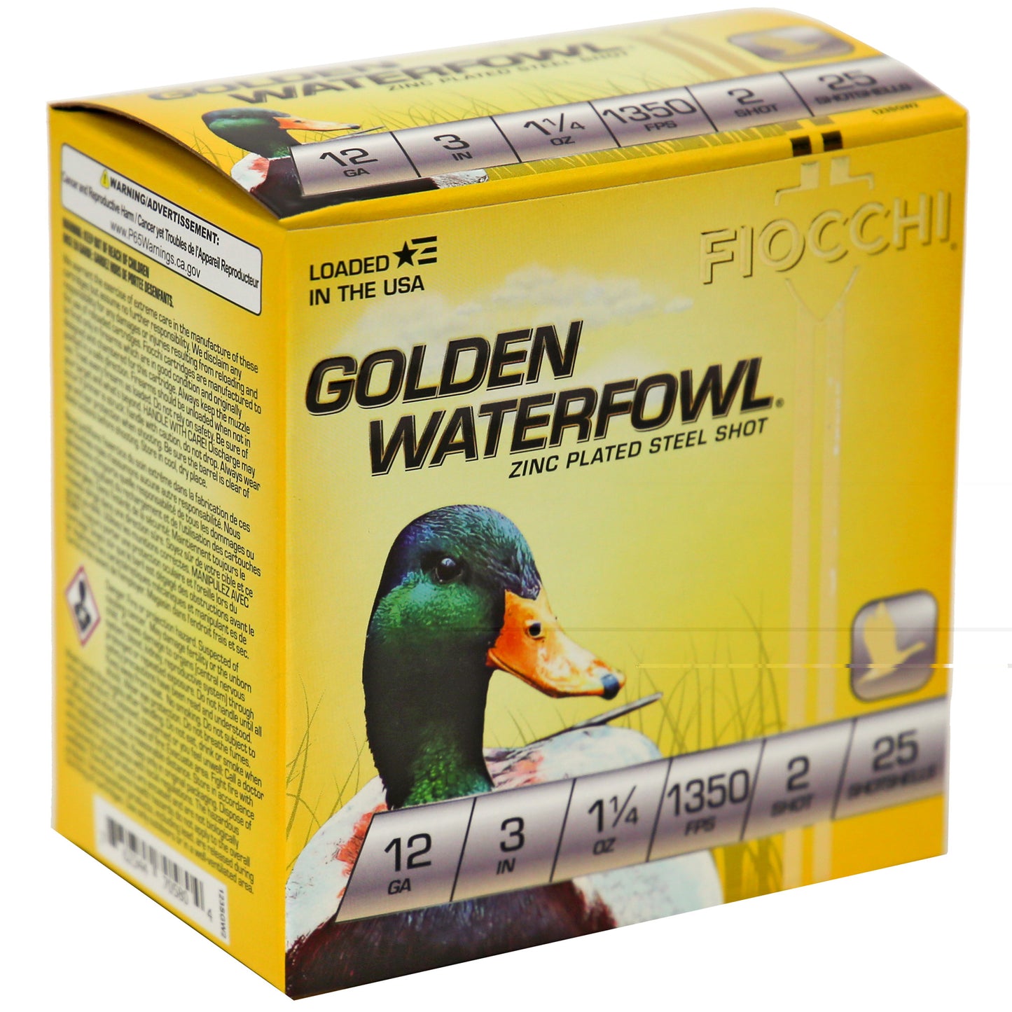 Fiocchi, Golden Waterfowl, 12 Gauge, 3", #2, Steel Shot, 25 Round Box