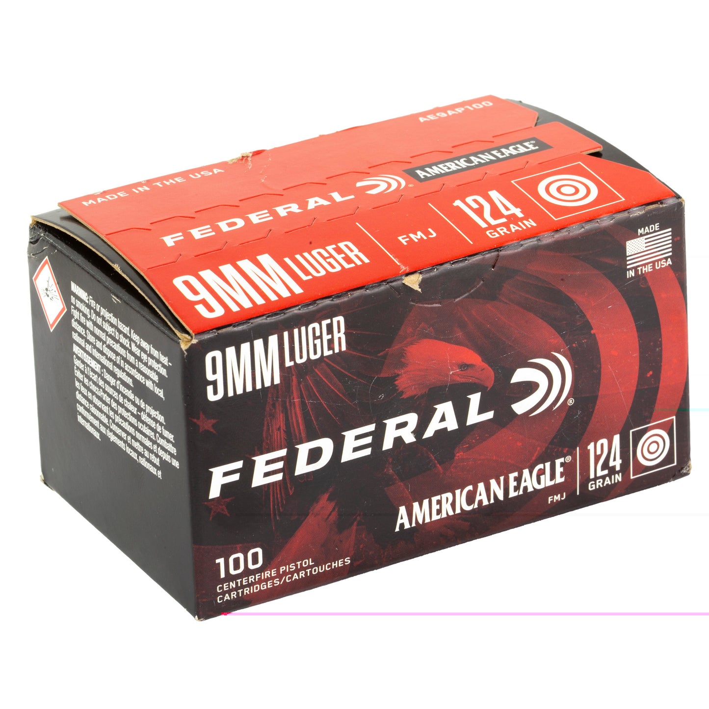 Federal, American Eagle, 9MM, 124 Grain, Full Metal Jacket, 100 Round Box