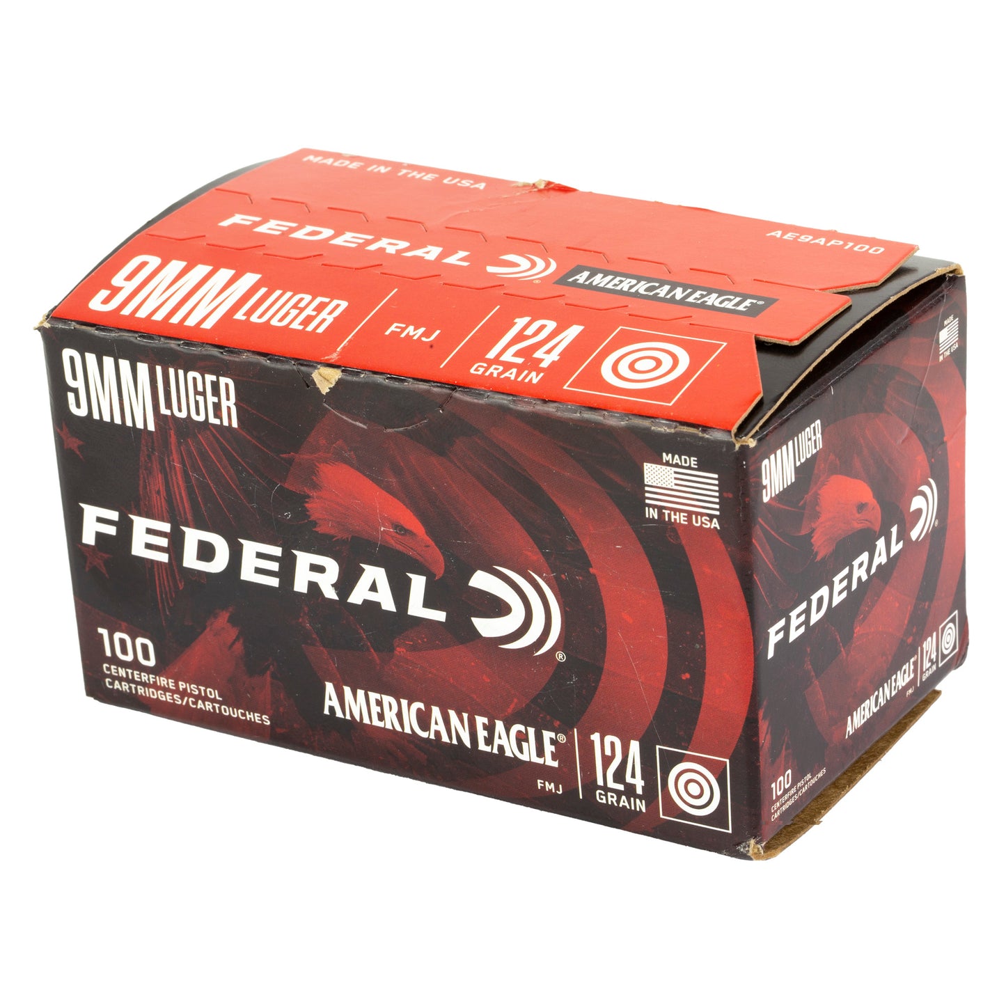 Federal, American Eagle, 9MM, 124 Grain, Full Metal Jacket, 100 Round Box