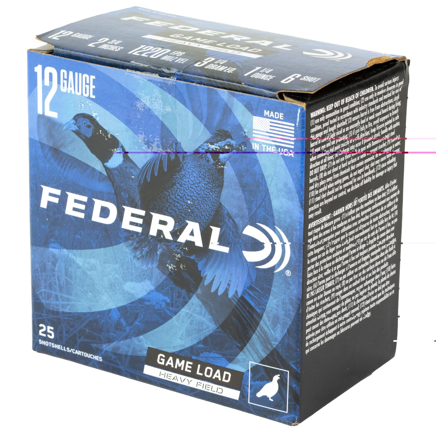 Federal, Game Load Upland Heavy Field, 12 Gauge, 2.75", #6, 3 1/4 Dram, 1 1/4 oz, Shot, 25 Round Box