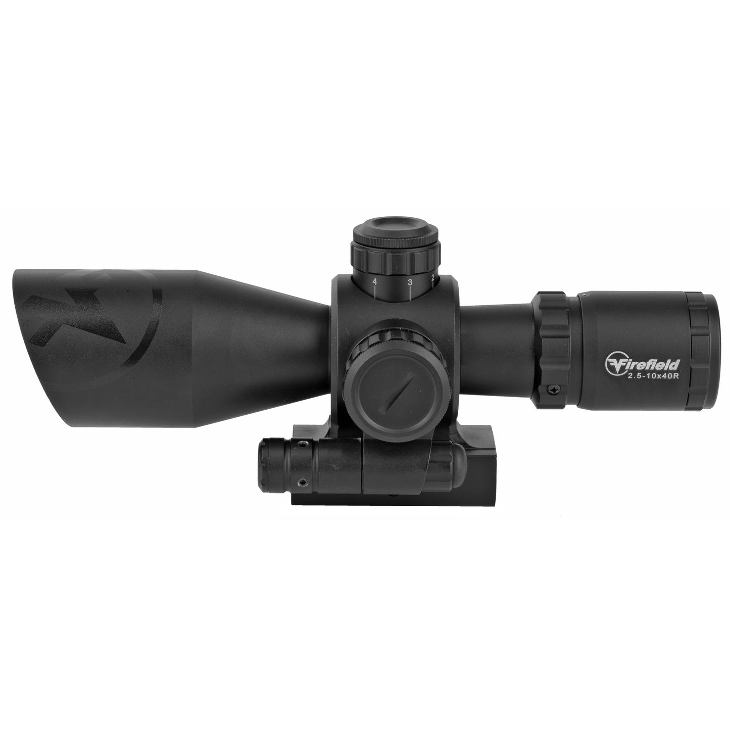 Firefield, Barrage Rifle Scope, 2.5-10X40, Black, Class IIIA Red Laser, Illuminated Red/Green Mil-Dot Reticle, 2-Piece Mount