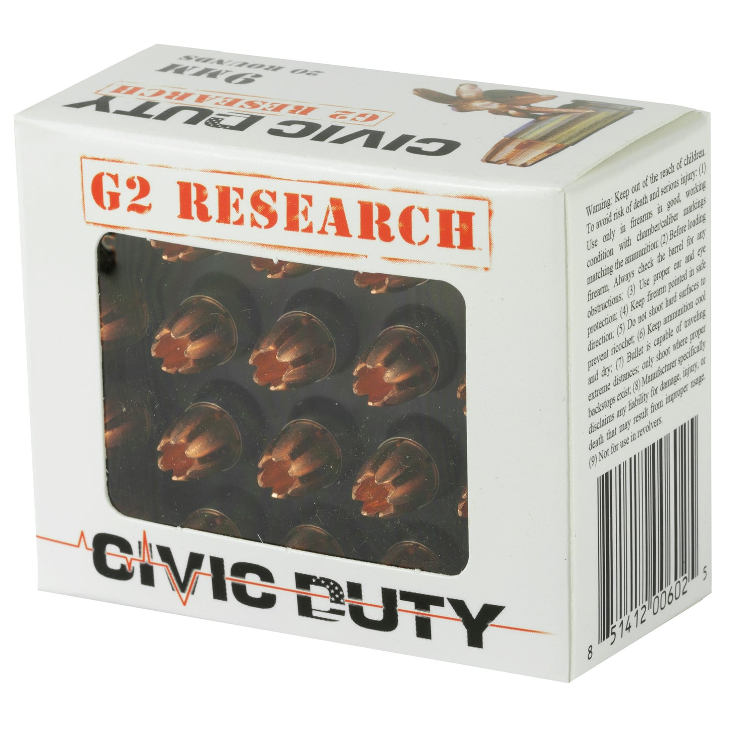 G2 Research, Civic Duty, 9MM, 94 Grain, Lead Free Copper, 20 Round Box