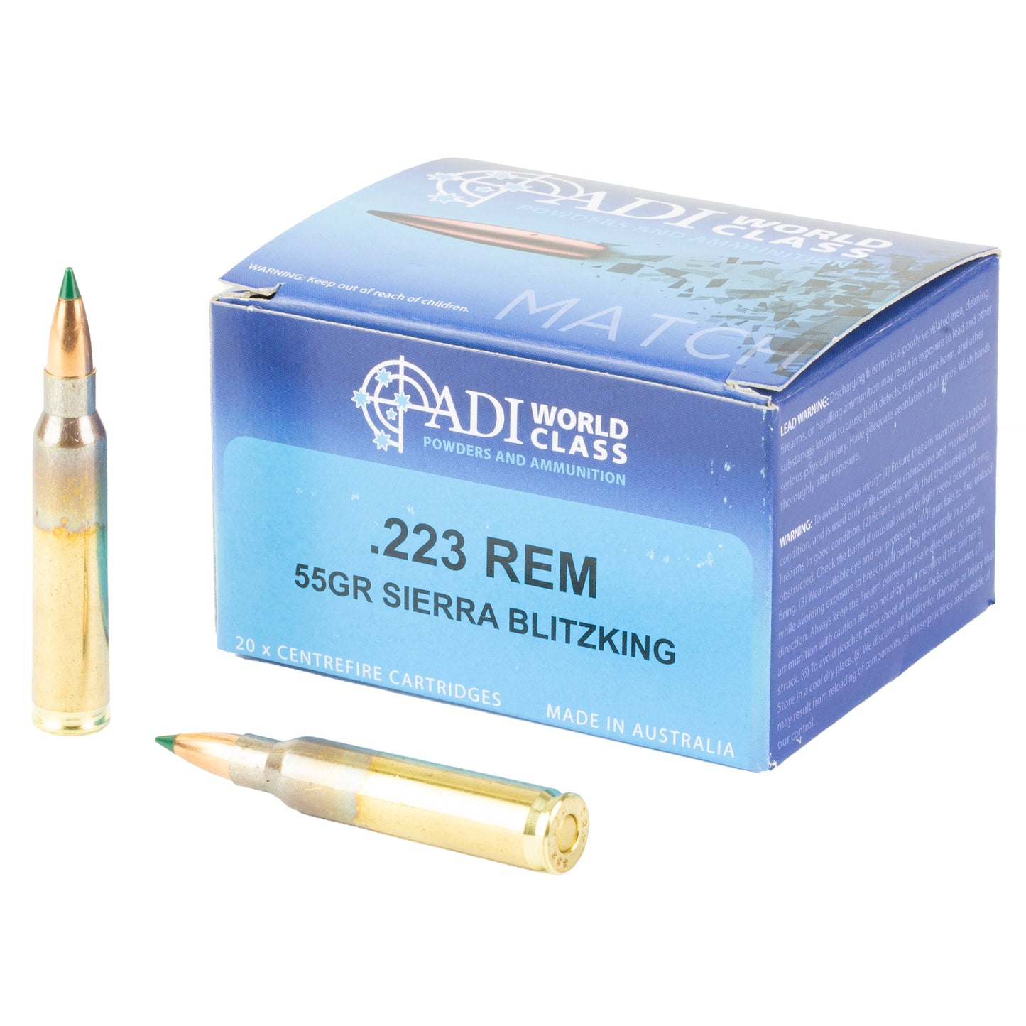 ADI World Class Ammunition, Match, Sierra BlitzKing Boat-Tail, .223 Remington, 55 Grain, Brass Cased, 20 Round Box
