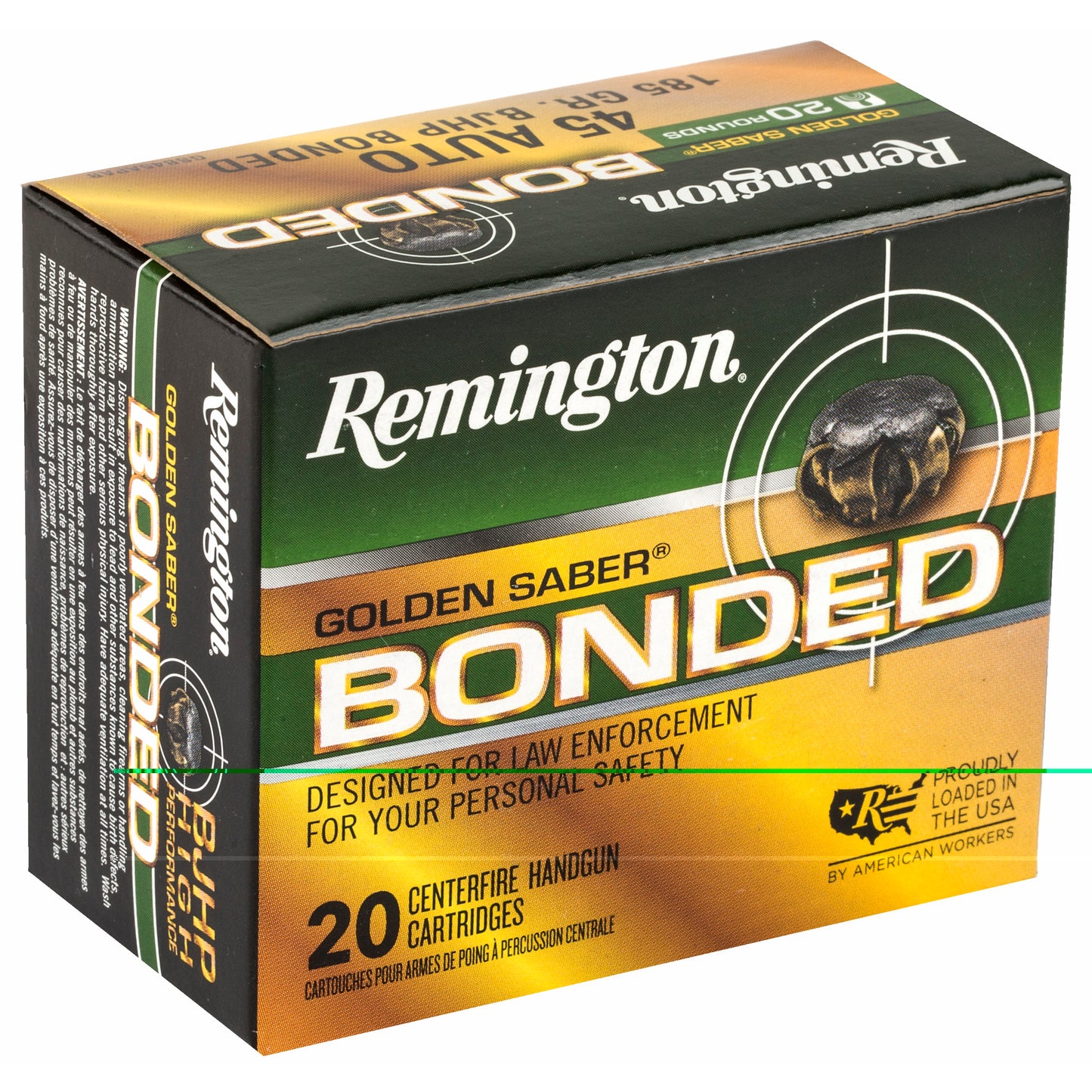 Remington, Golden Saber, 45 ACP, 185 Grain, Brass Jacketed Hollow Point Bonded, 20 Round Box