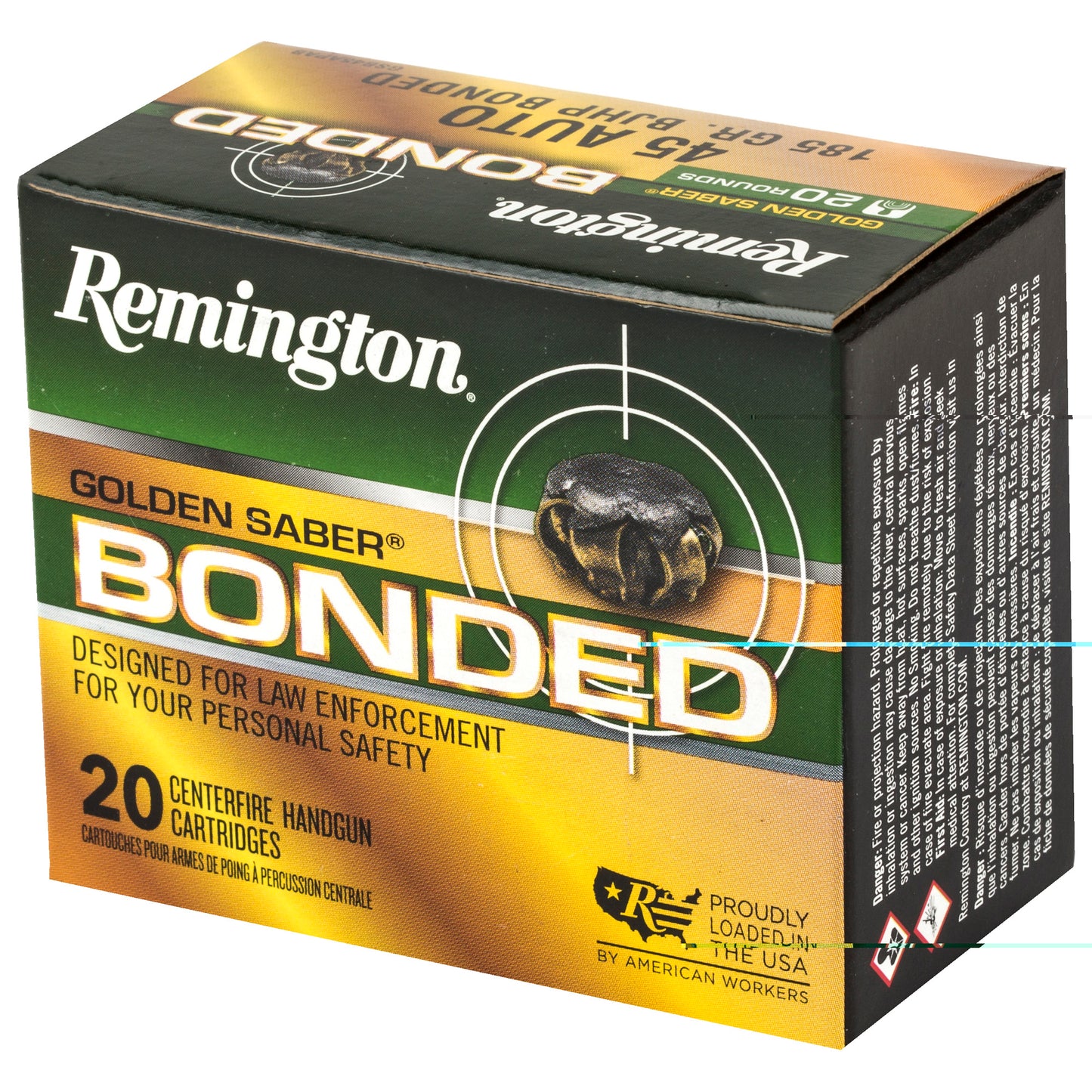 Remington, Golden Saber, 45 ACP, 185 Grain, Brass Jacketed Hollow Point Bonded, 20 Round Box