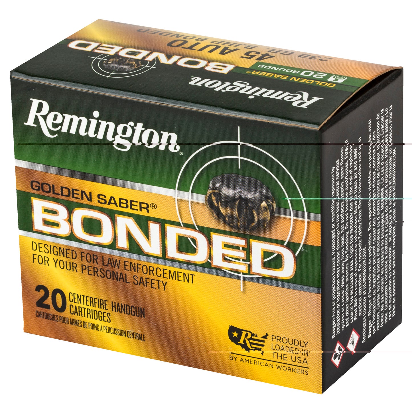 Remington, Golden Saber, 45 ACP, 230 Grain, Brass Jacketed Hollow Point Bonded, 20 Round Box