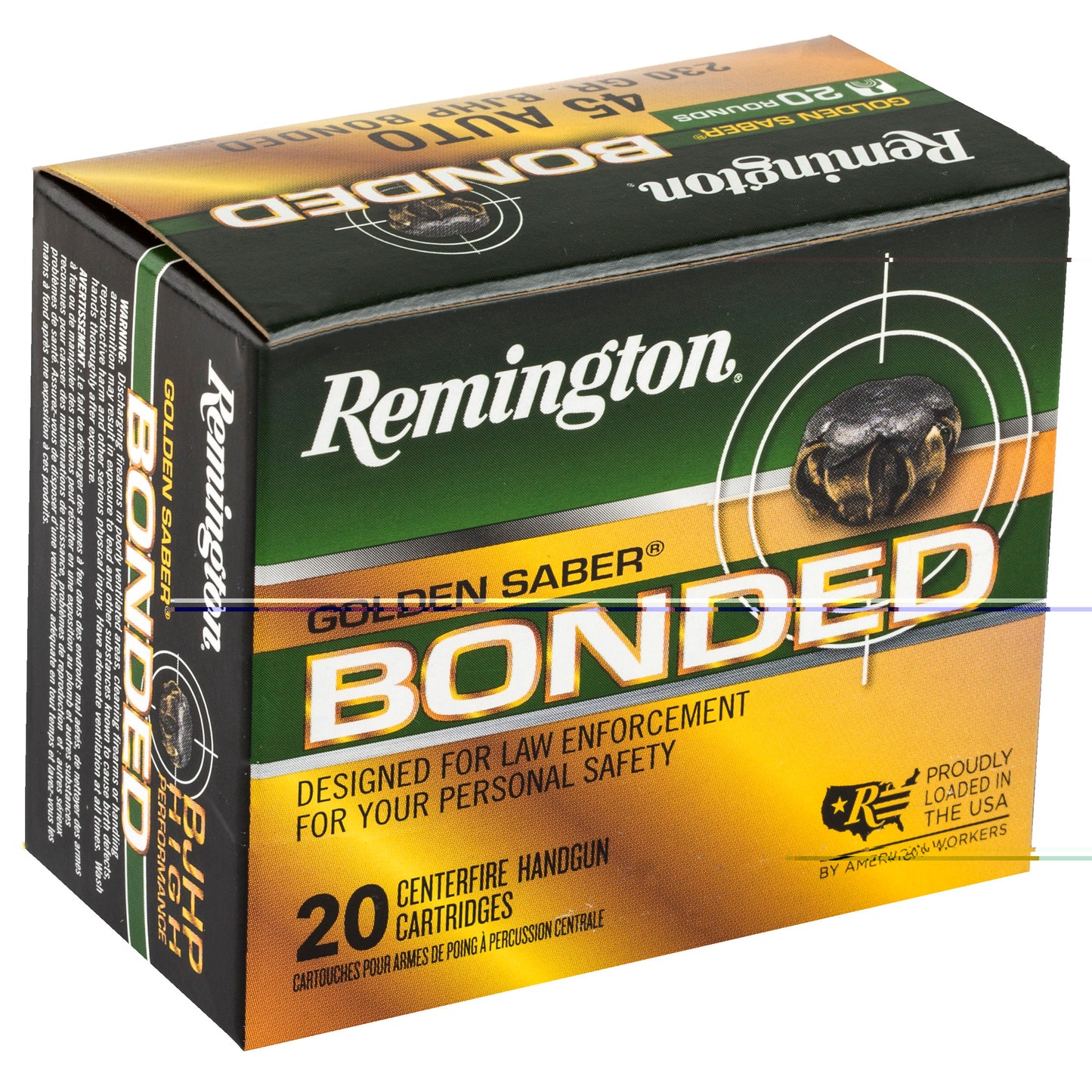 Remington, Golden Saber, 45 ACP, 230 Grain, Brass Jacketed Hollow Point Bonded, 20 Round Box