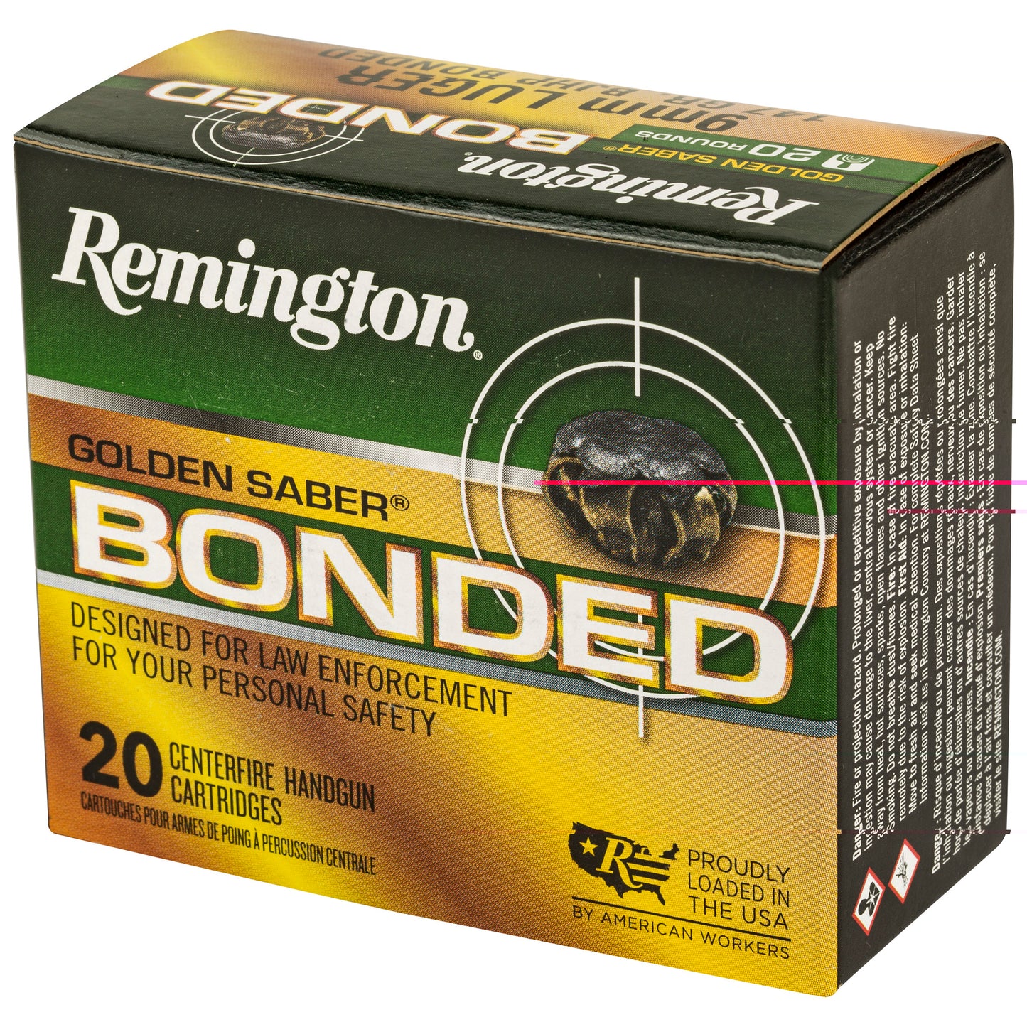 Remington, Golden Saber, 9MM, 147 Grain, Brass Jacketed Hollow Point Bonded, 20 Round Box