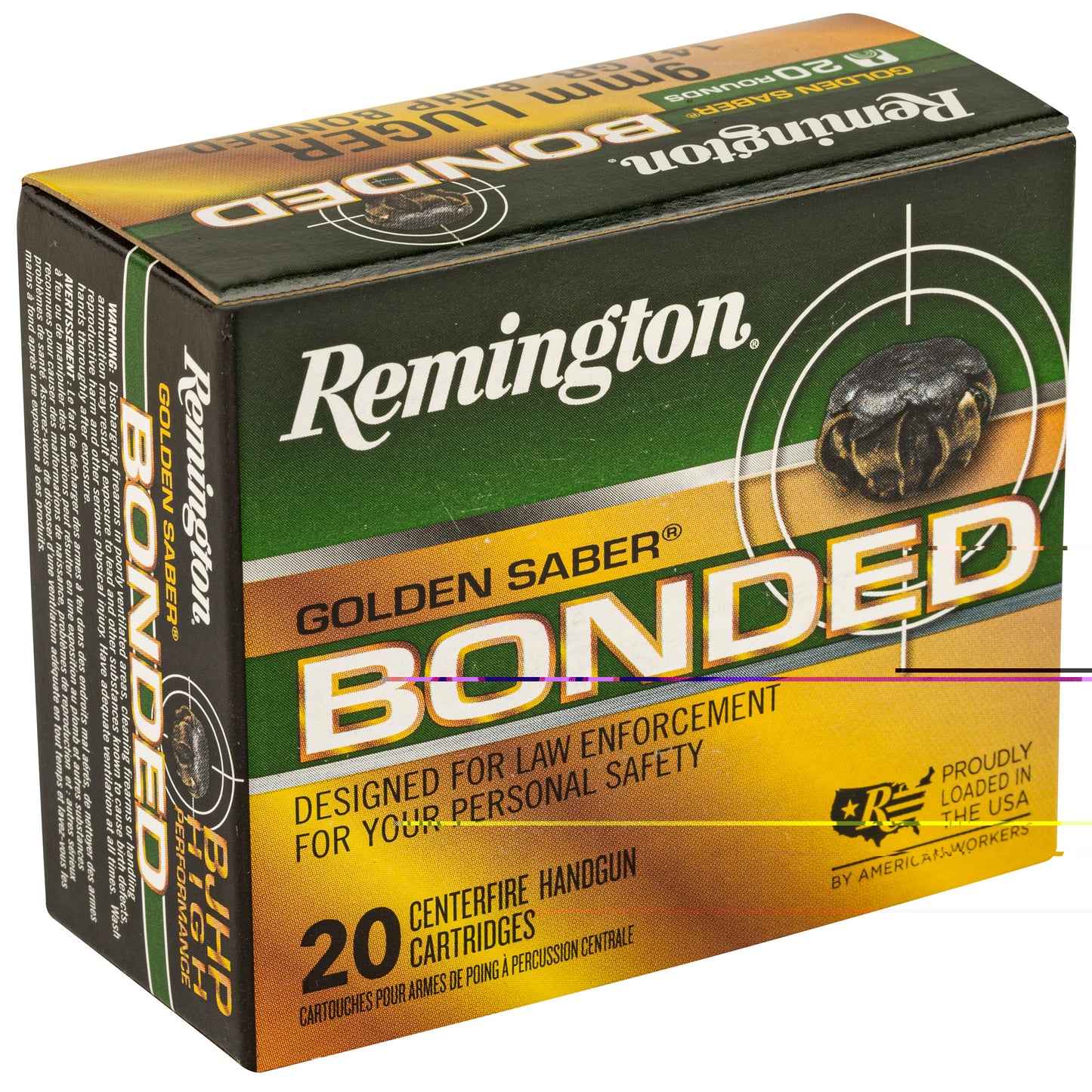 Remington, Golden Saber, 9MM, 147 Grain, Brass Jacketed Hollow Point Bonded, 20 Round Box