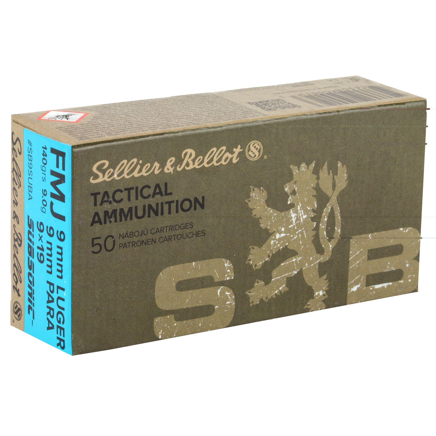 Sellier & Bellot, Pistol, 9MM, Subsonic,140 Grain, Full Metal Jacket, 50 Round Box