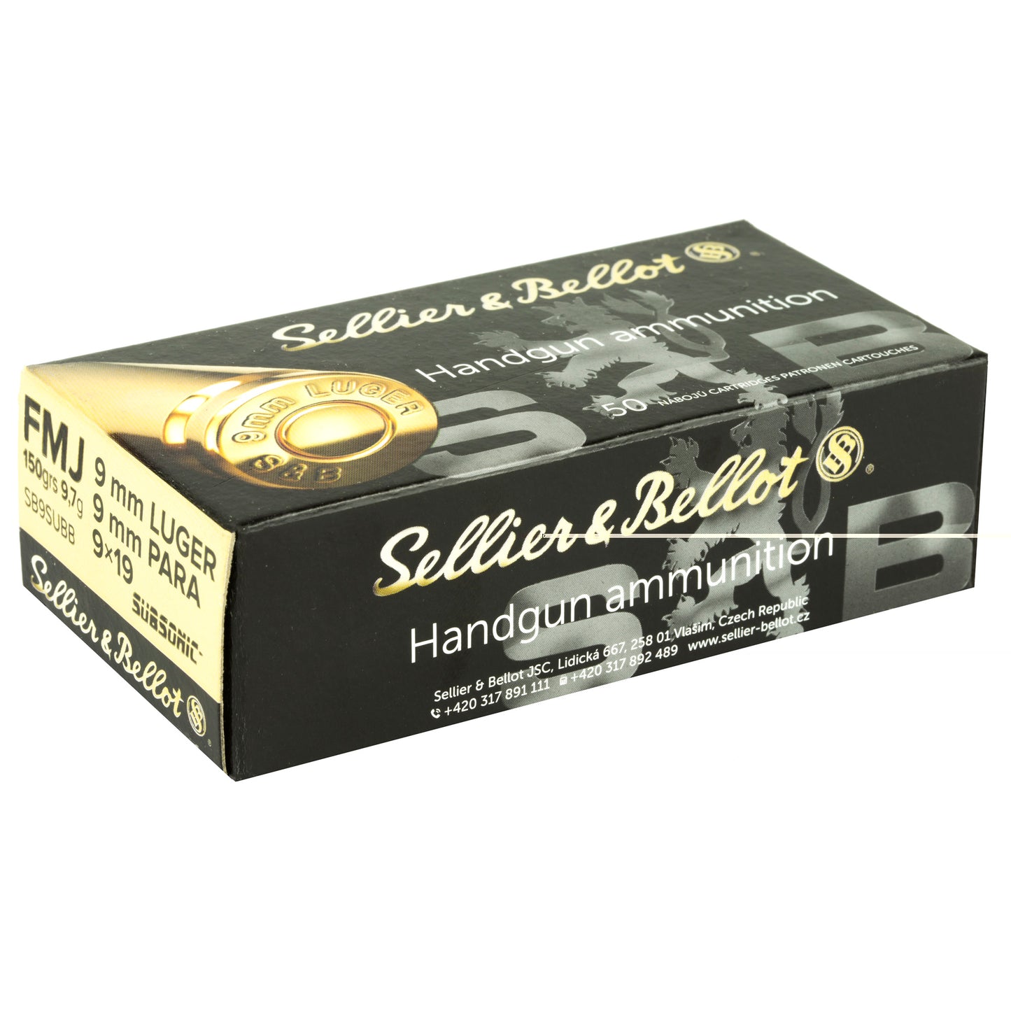 Sellier & Bellot, Pistol, 9MM, Subsonic, 150 Grain, Full Metal Jacket, 50 Round Box