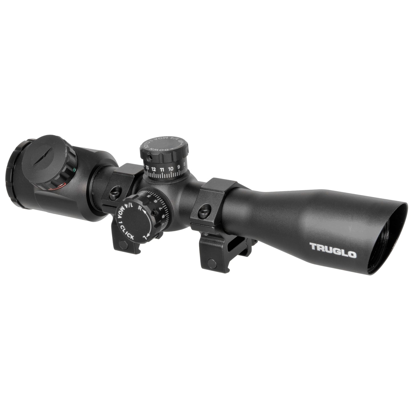 Truglo, TRU-BRITE Xtreme Compact Tactical Rifle Scope, 4X32, Fully-Coated Lenses, Illuminated Mil-Dot Reticle, Matte Black, 1-Piece base w/ 1" Rings and CR2032 Battery Included