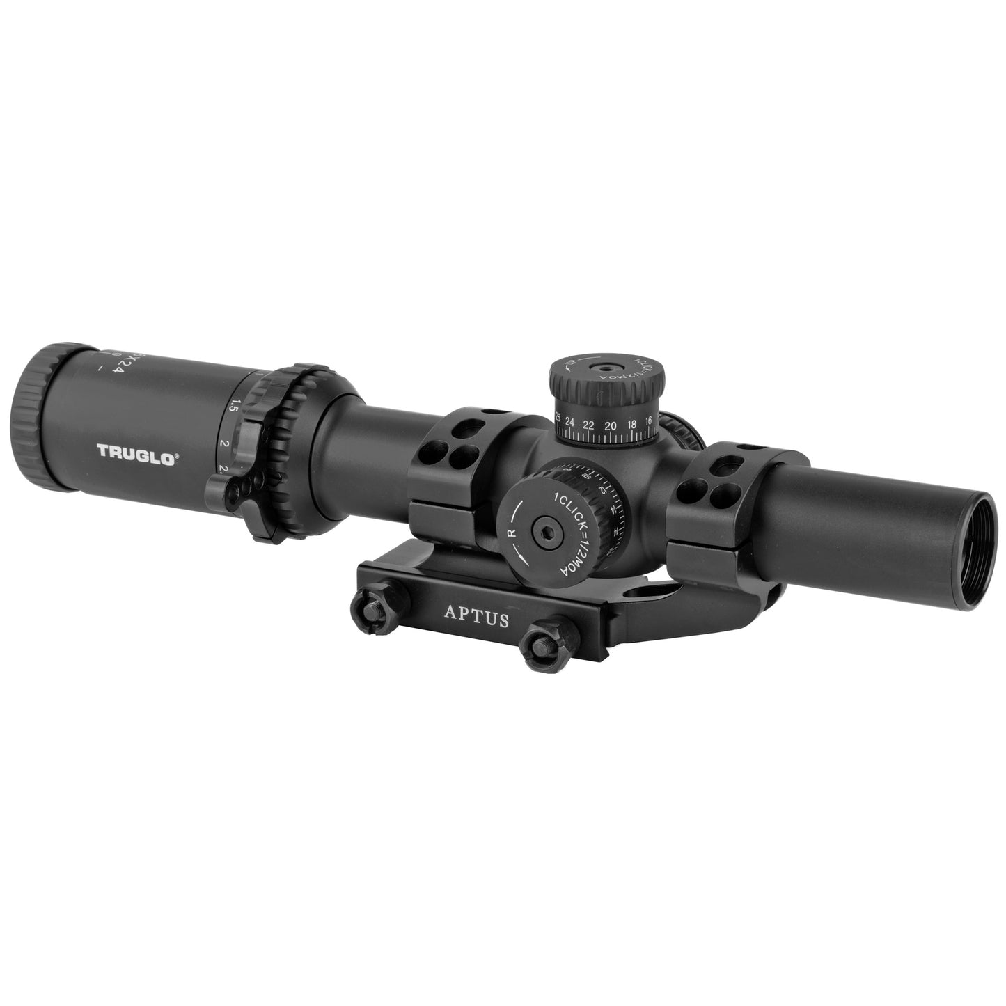 Truglo, OMNIA Rifle Scope, 1-6X24mm, 300mm Main Tube, Illuminate A.P.T.R. (All Purpose Tacticle Reticle), APTUS-M1 One Piece Mount, Throw Lever, Black