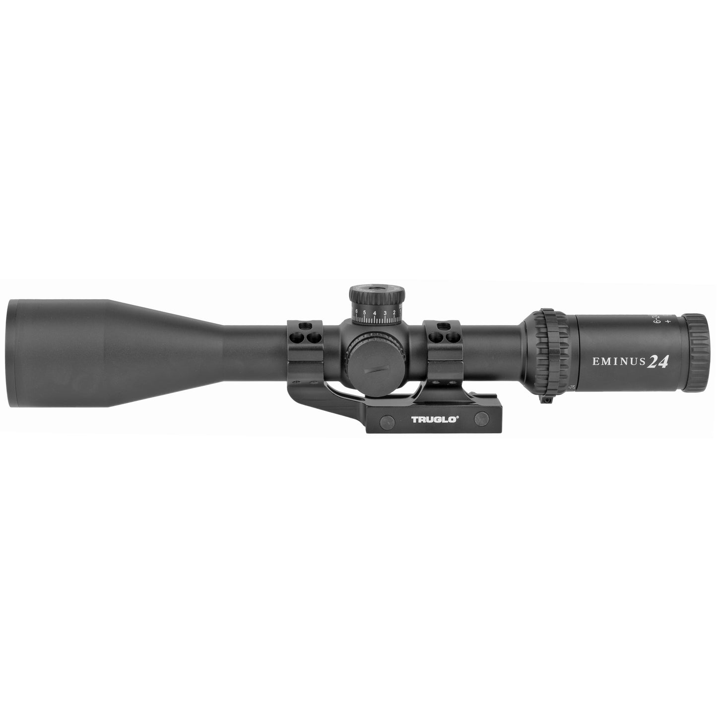 Truglo, EMINUS Rifle Scope, 6-24X50, Muti-Coated Lenses, Illuminated TacPlex Reticle, Side Focus Dial, Matte Black, 30mm, 1 Piece Base, 3" Sunshade, and CR2032 Battery Included