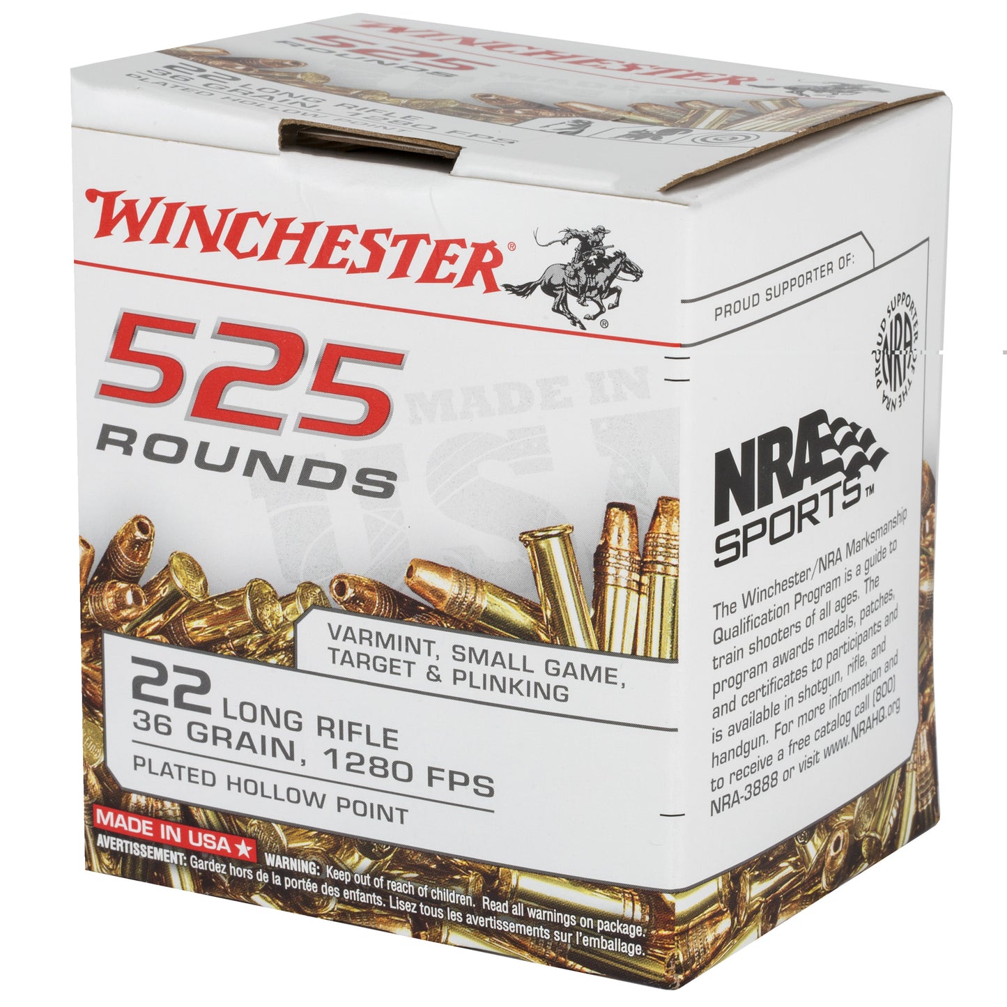 Winchester Ammunition, USA, 22LR, 36 Grain, Copper Plated Hollow Point, 525 Round Brick