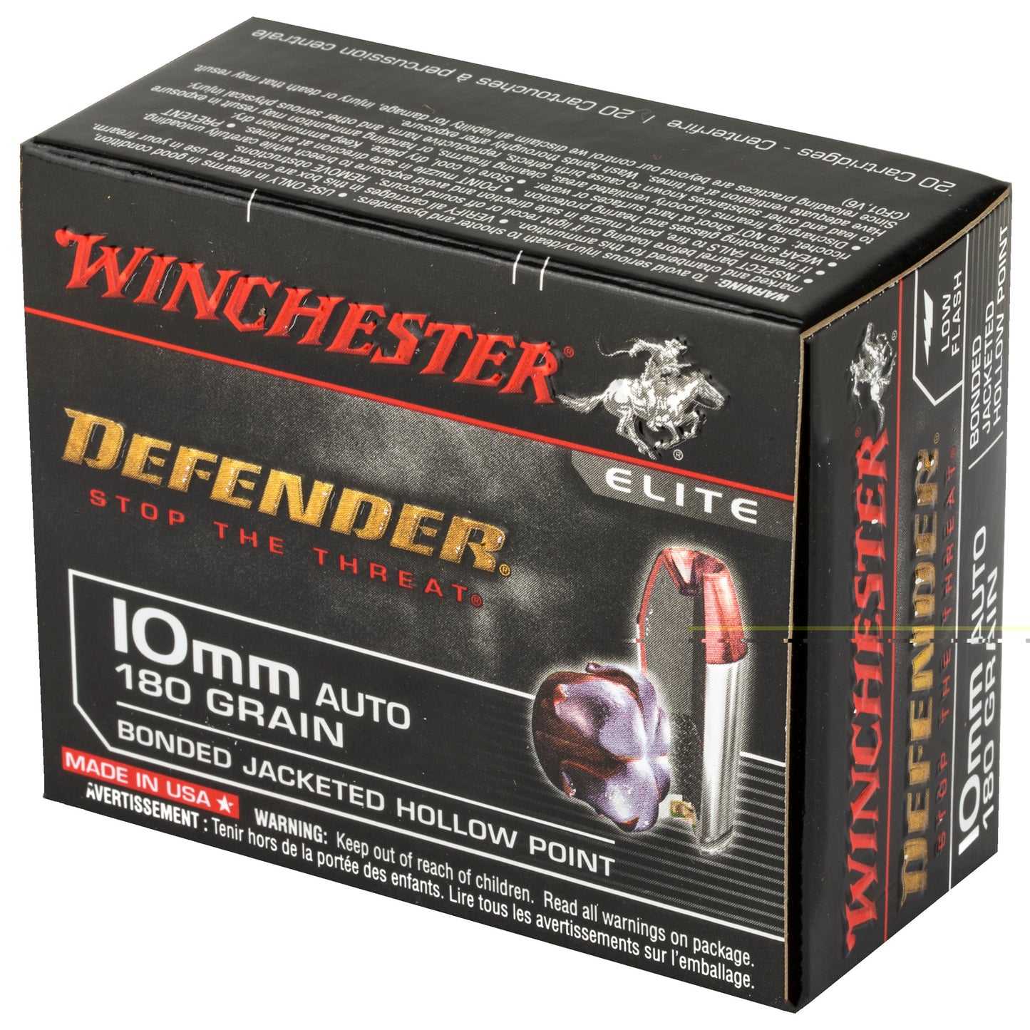 Winchester, Defender, 10MM, 180 Grain, Bonded Jacketed Hollow Point, 20 Round Box