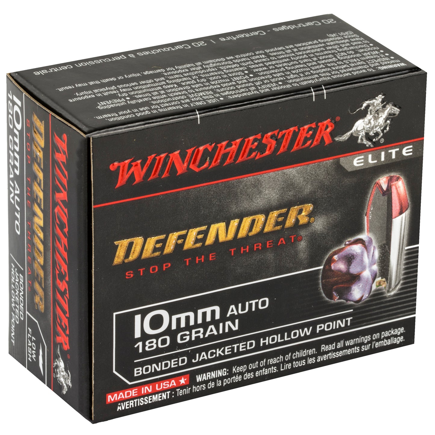 Winchester, Defender, 10MM, 180 Grain, Bonded Jacketed Hollow Point, 20 Round Box