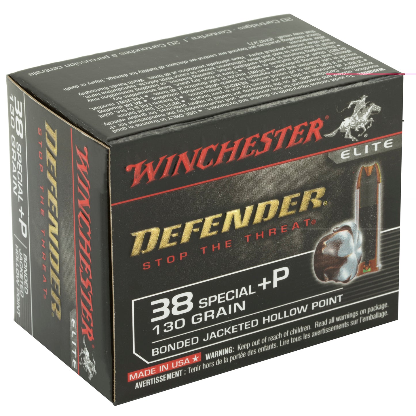 Winchester, Defender, Supreme Elite, 38 Special, +P 130 Grain, Bonded Jacketed Hollow Point, PDX1, 20 Round Box