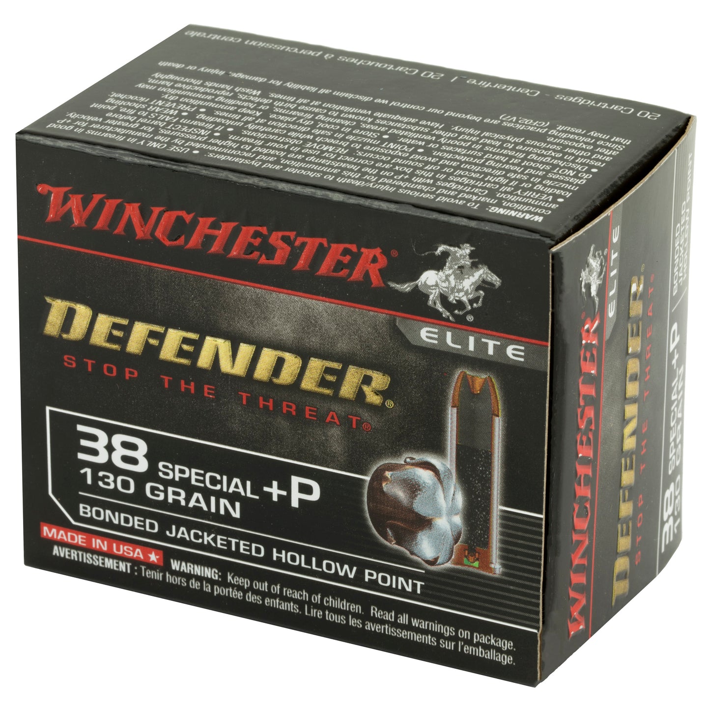 Winchester, Defender, Supreme Elite, 38 Special, +P 130 Grain, Bonded Jacketed Hollow Point, PDX1, 20 Round Box