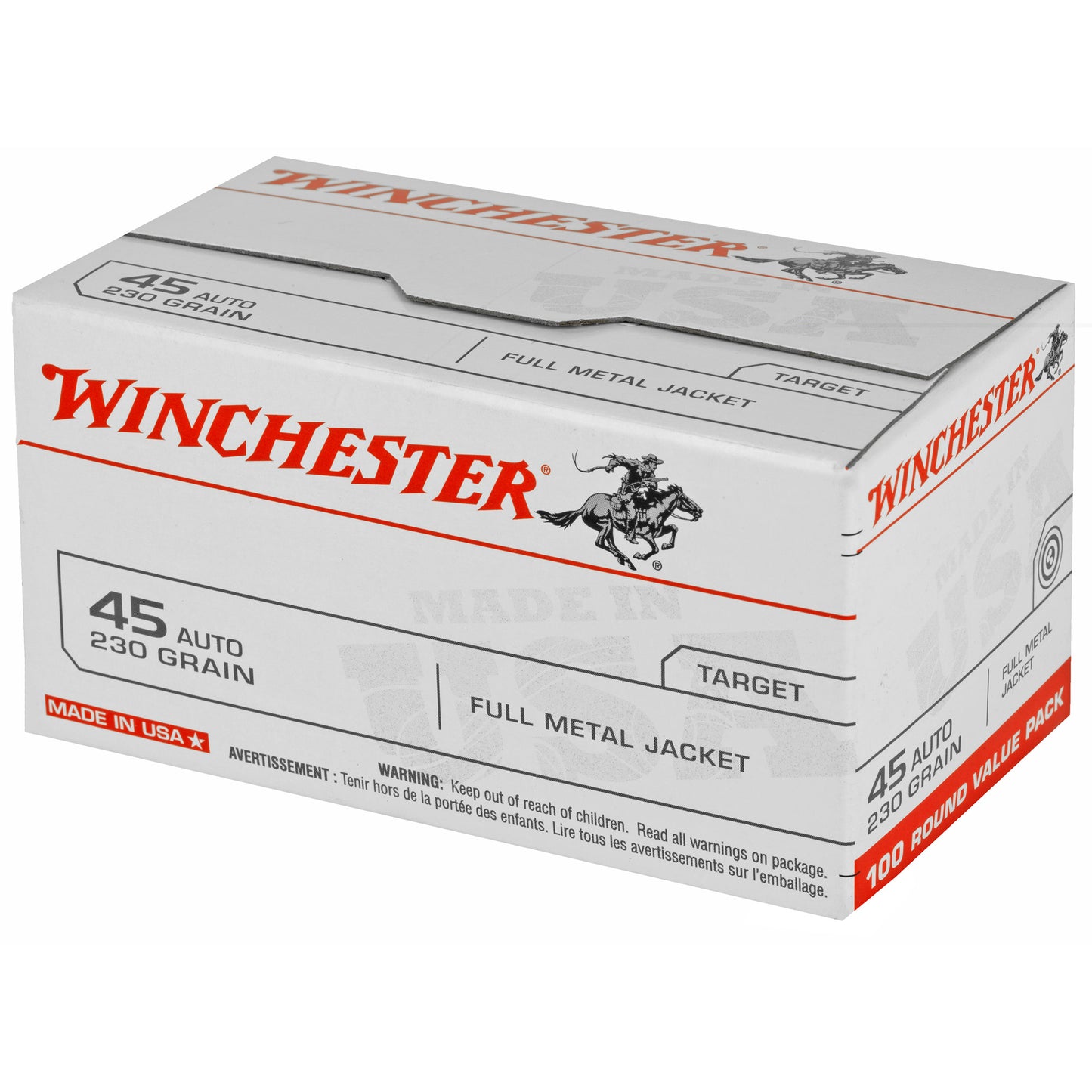 Winchester, USA, 45ACP, 230 Grain, Full Metal Jacket, 100 Round Box