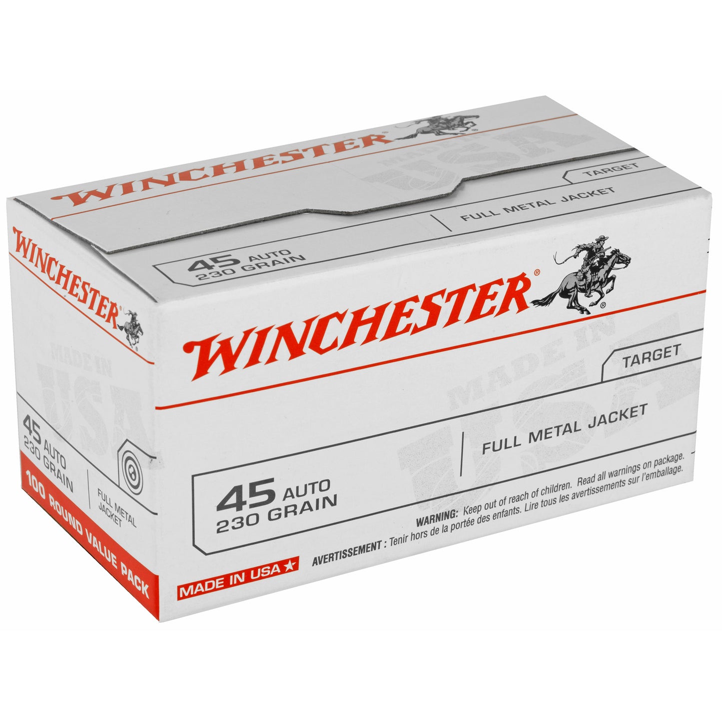 Winchester, USA, 45ACP, 230 Grain, Full Metal Jacket, 100 Round Box