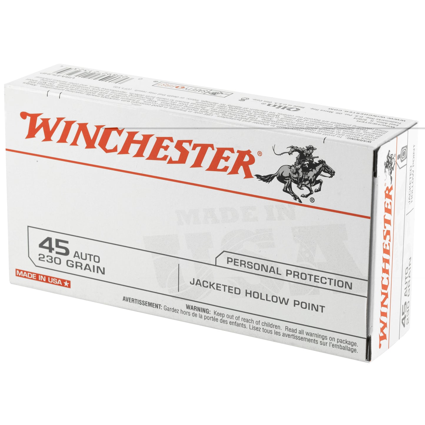 Winchester, USA, .45 ACP, 230 Grain, Jacketed Hollow Point, 50 Round Box