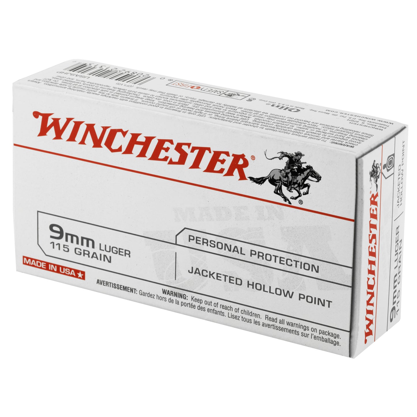 Winchester, USA, 9MM, 115 Grain, Jacketed Hollow Point, 50 Round Box